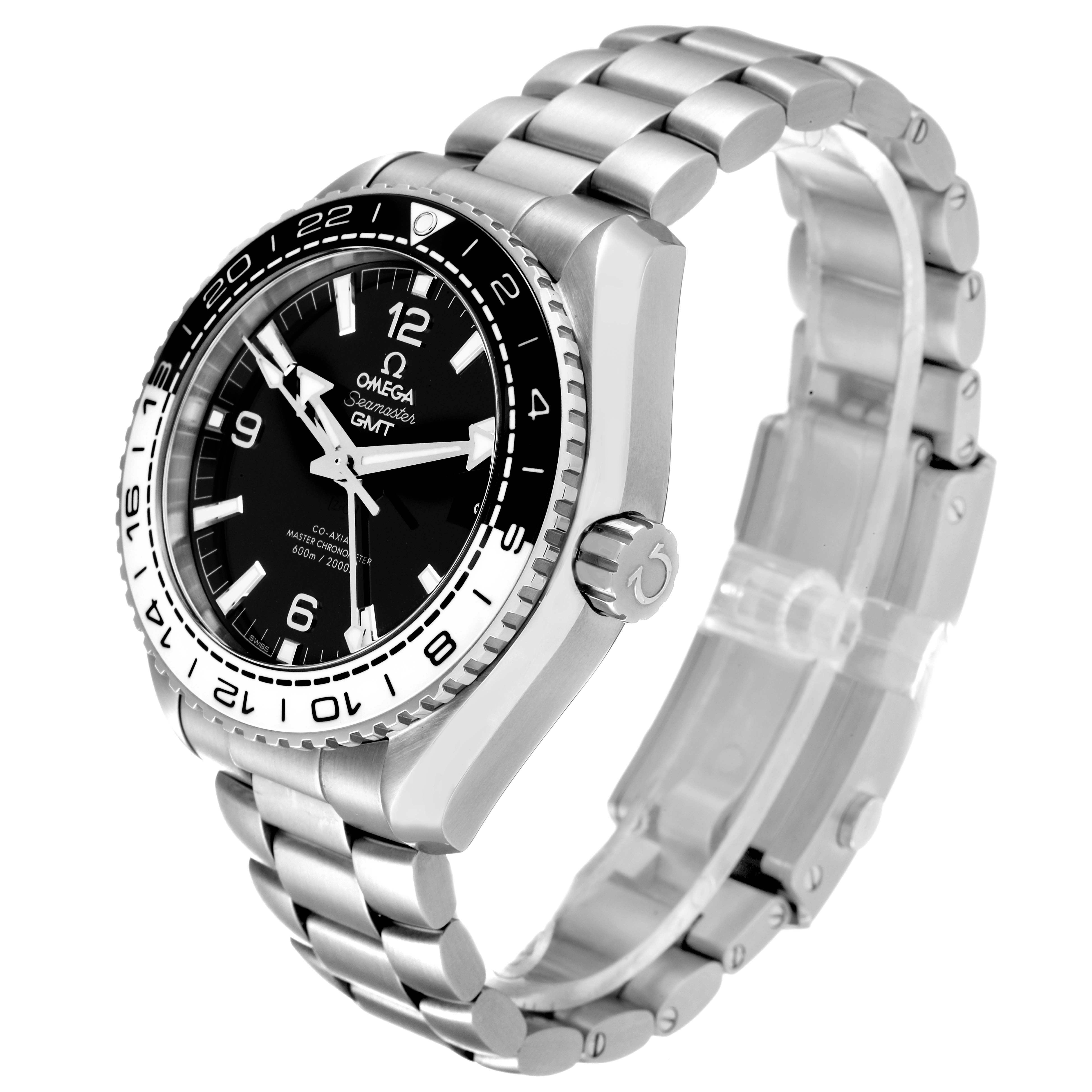 The image shows a side angle of the Omega Planet Ocean 215.30.44.22.01.001 Men
s Stainless Steel Black Dial 215.30.44.22.01.001 Men
s Stainless Steel Black Dial watch, highlighting the dial, bezel, crown, and bracelet.