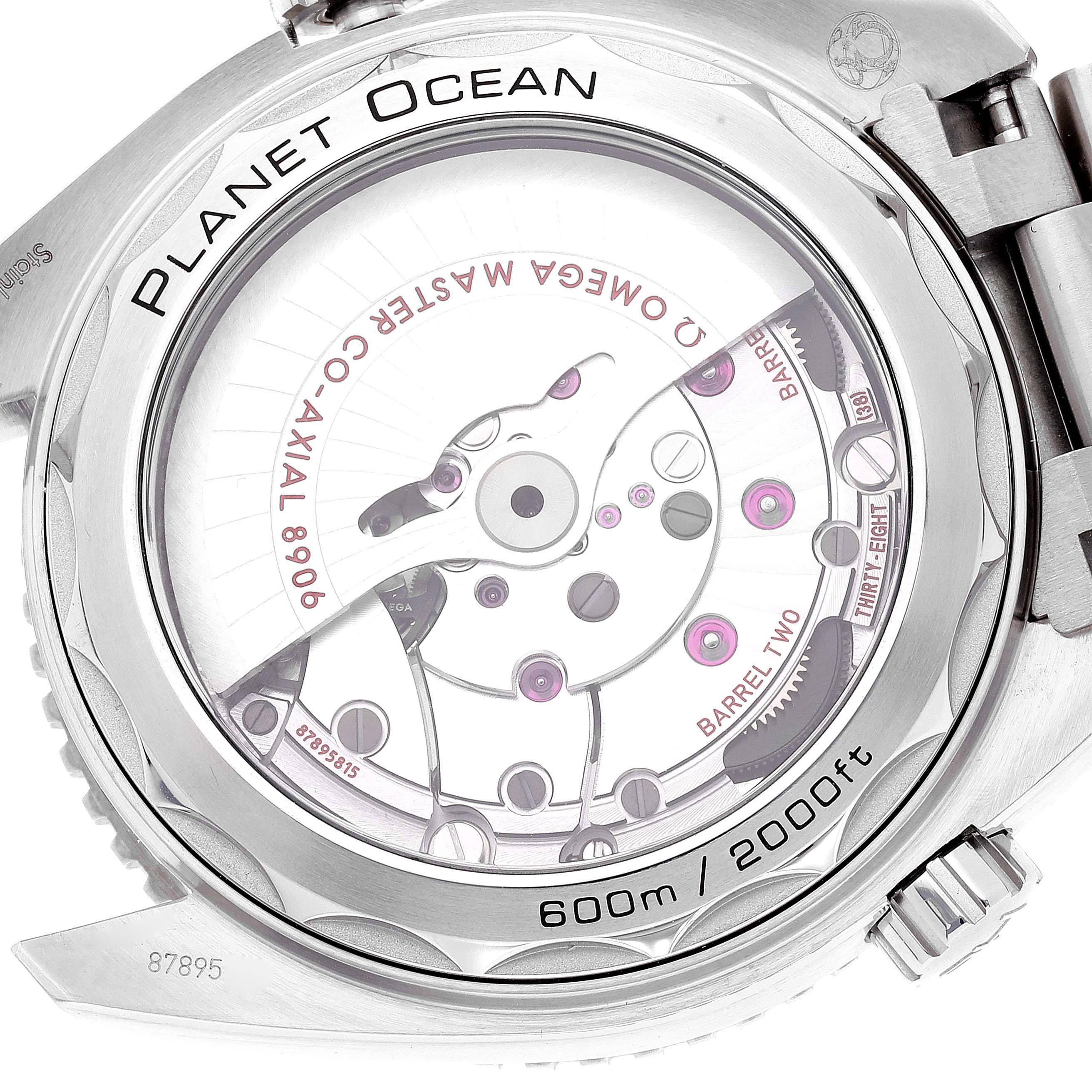 This image shows the back view of an Omega Planet Ocean 215.30.44.22.01.001 Men
s Stainless Steel Black Dial 215.30.44.22.01.001 Men
s Stainless Steel Black Dial watch, revealing its internal mechanisms and markings.