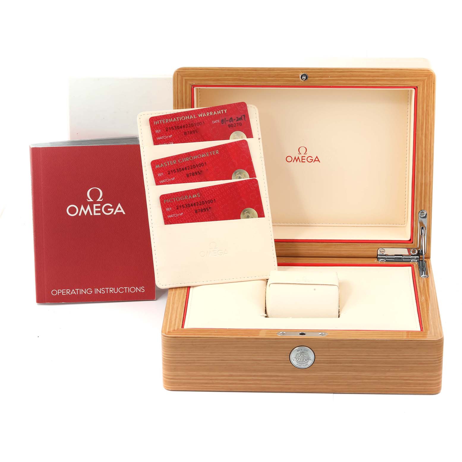 The image shows the packaging, warranty cards, and operating instructions for the Omega Planet Ocean 215.30.44.22.01.001 Men
s Stainless Steel Black Dial 215.30.44.22.01.001 Men
s Stainless Steel Black Dial watch.