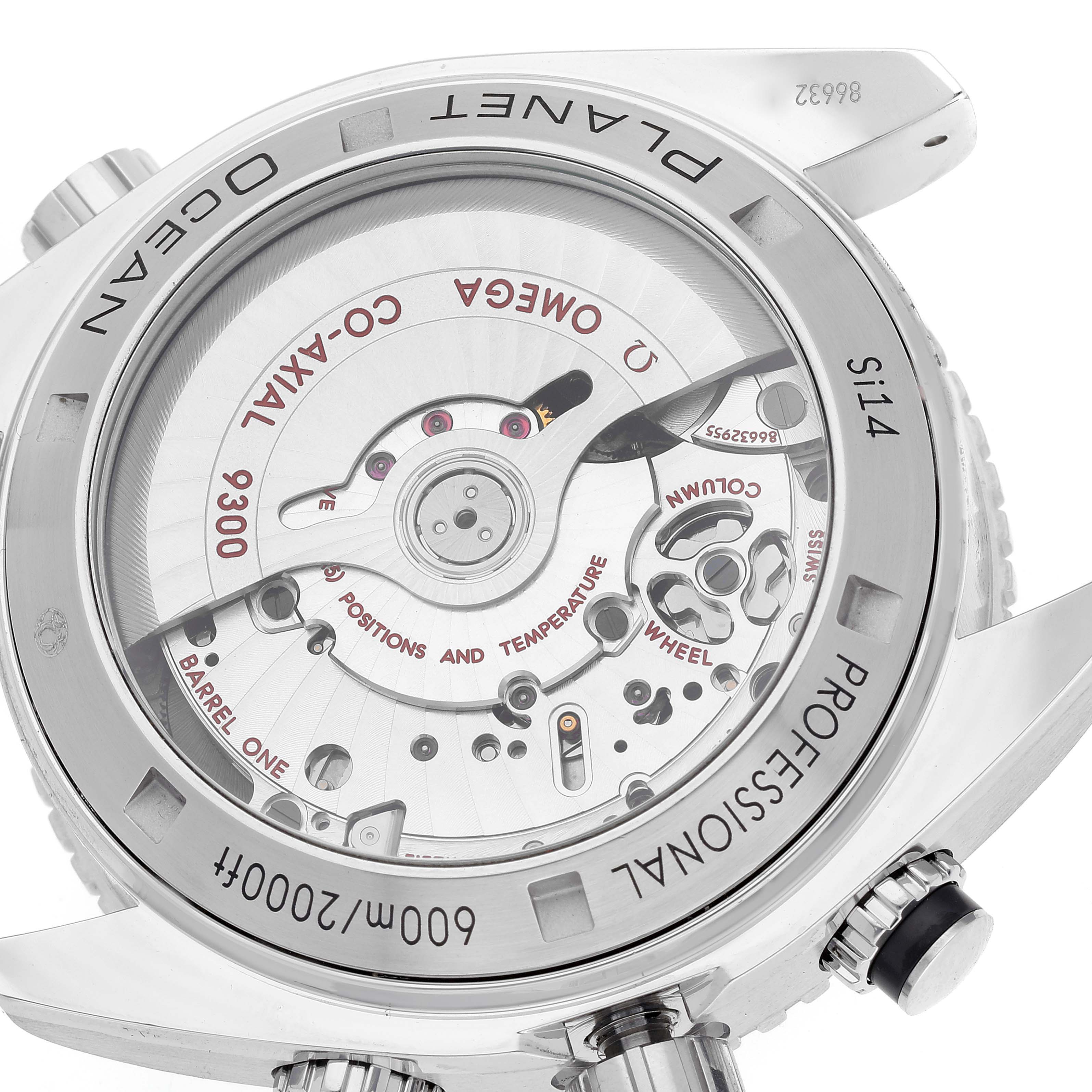 The image shows the case back of the Omega Planet Ocean 232.32.46.51.01.005 Men
s Stainless Steel Black Dial 232.32.46.51.01.005 Men
s Stainless Steel Black Dial model, highlighting the Co-Axial movement and internal mechanical components.