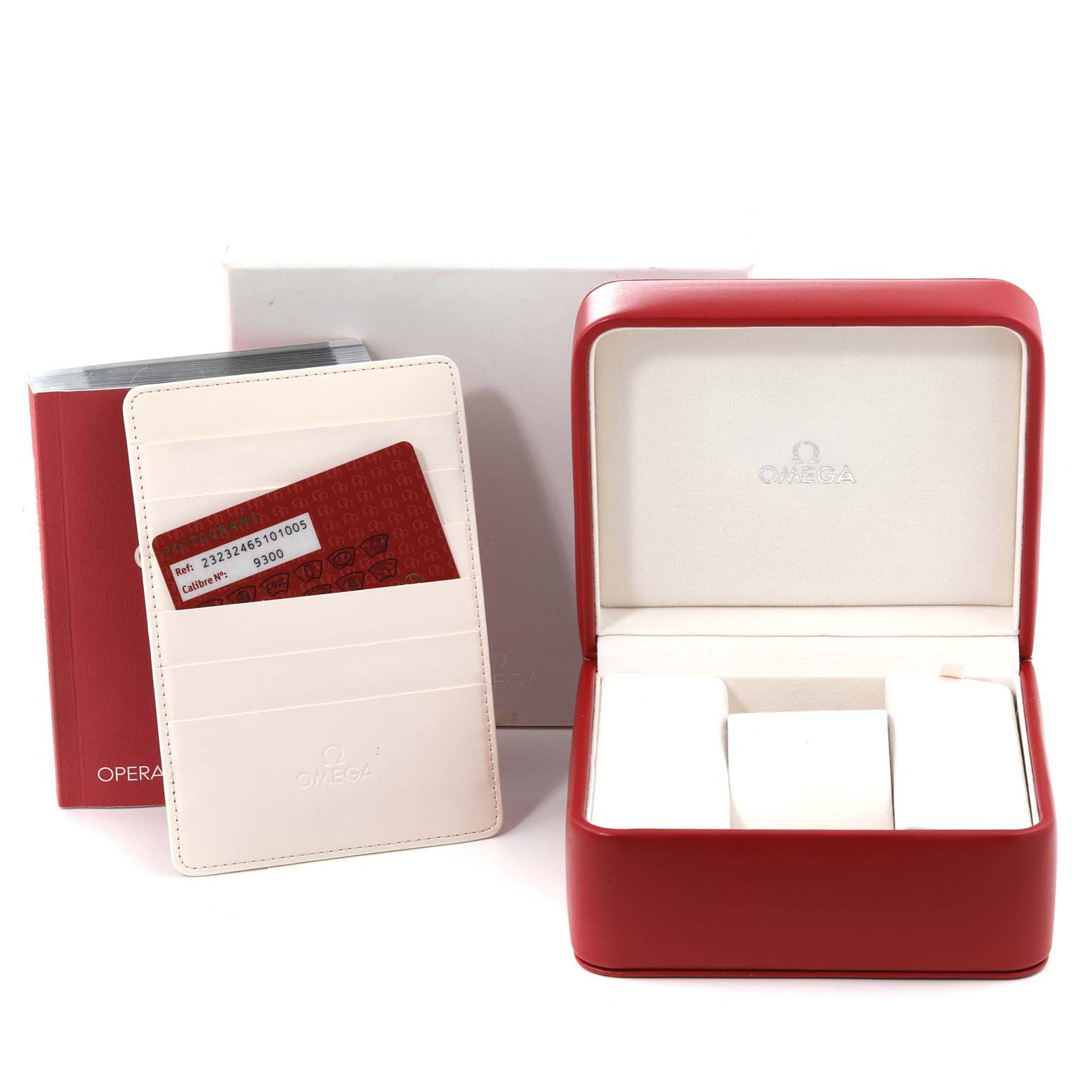 The image shows Omega Planet Ocean 232.32.46.51.01.005 Men
s Stainless Steel Black Dial 232.32.46.51.01.005 Men
s Stainless Steel Black Dial watch accessories including a red box, a cardholder, and a manual.