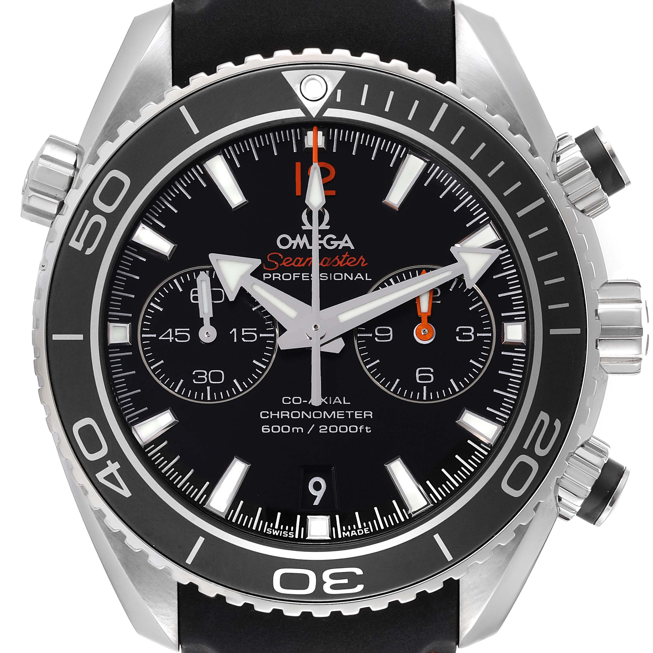 The image shows a front view of the Omega Seamaster Planet Ocean watch, highlighting its dial, bezel, and crown elements.