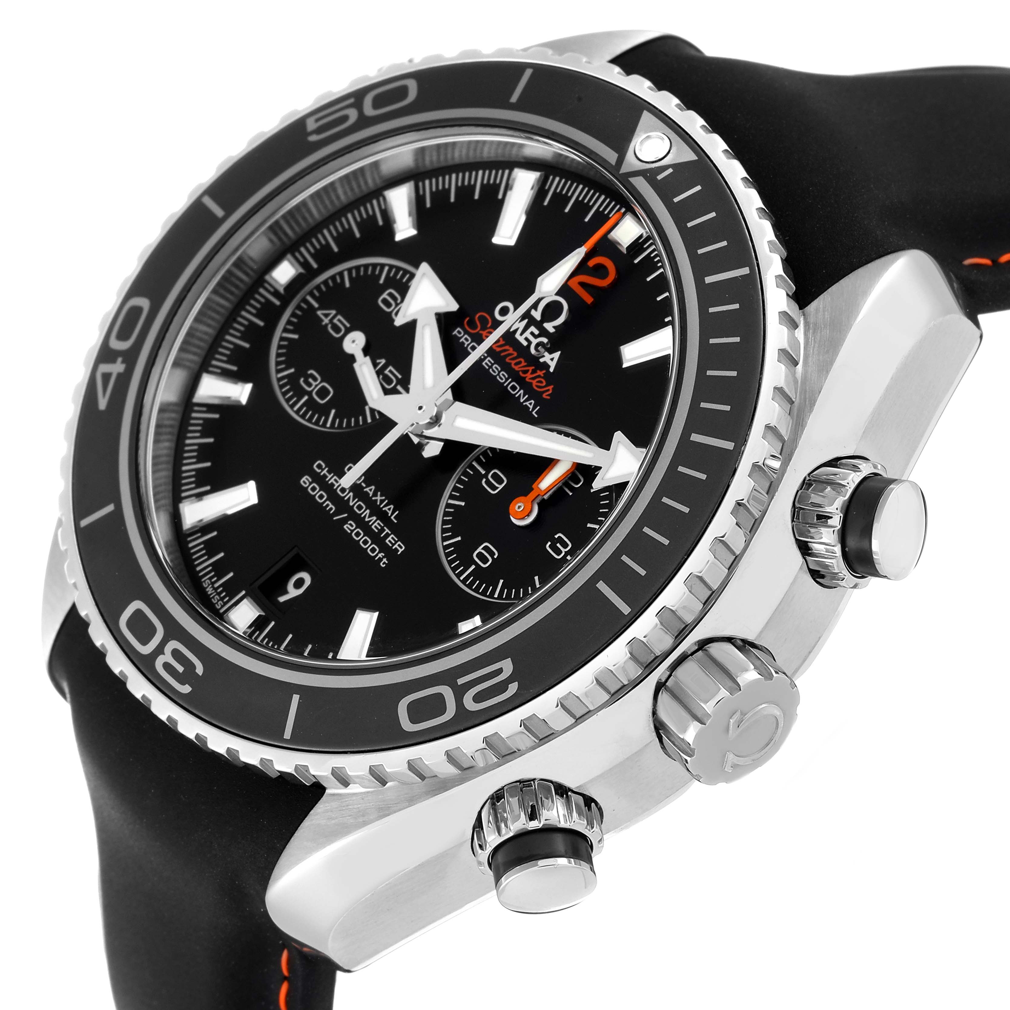 The image shows a side angle of the Omega Planet Ocean 232.32.46.51.01.005 Men
s Stainless Steel Black Dial 232.32.46.51.01.005 Men
s Stainless Steel Black Dial watch, highlighting its bezel, crown, and part of the strap.