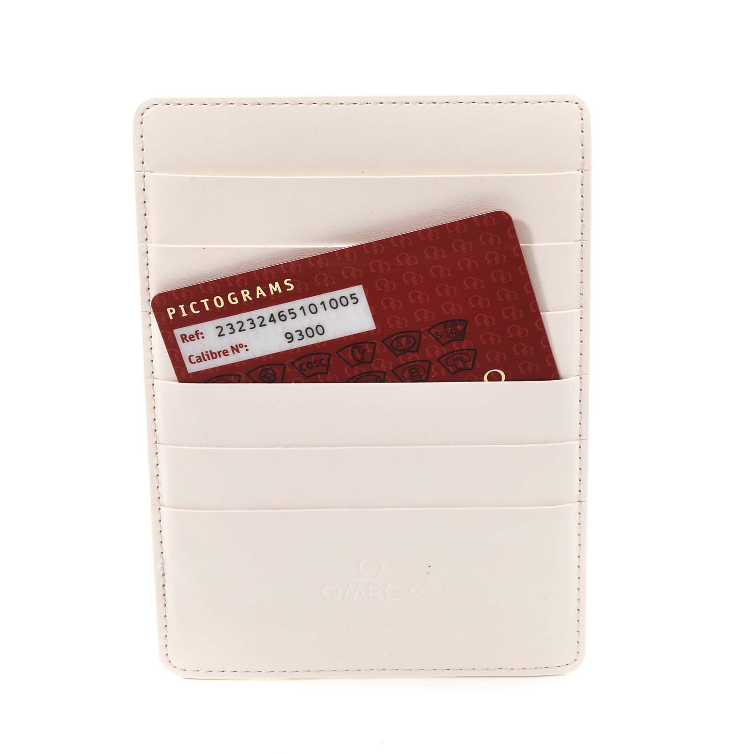 The image shows an upright Omega Planet Ocean 232.32.46.51.01.005 Men
s Stainless Steel Black Dial 232.32.46.51.01.005 Men
s Stainless Steel Black Dial model cardholder with a red pictograms card partially inserted in one of the slots.