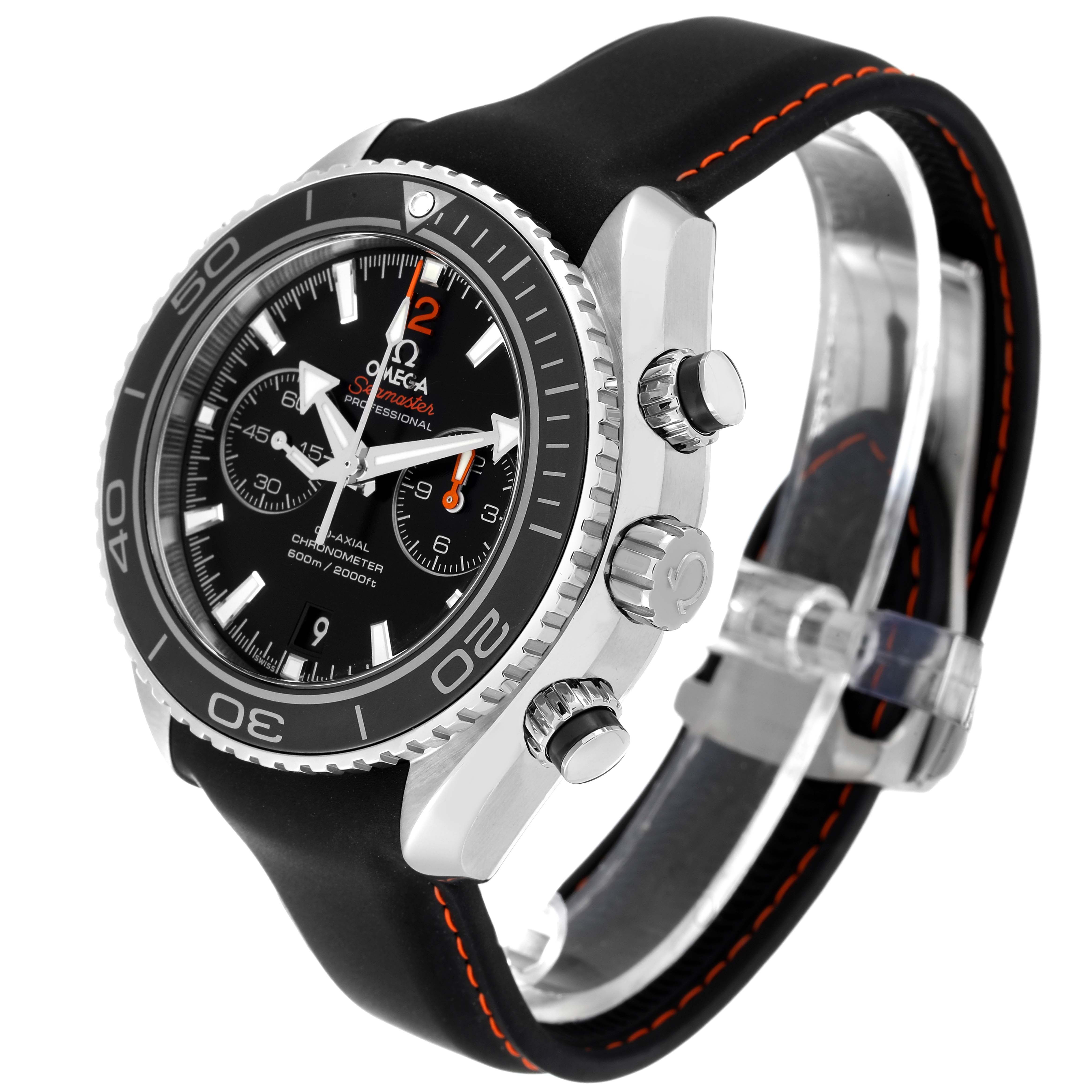 This image shows an angled view of the Omega Planet Ocean 232.32.46.51.01.005 Men
s Stainless Steel Black Dial 232.32.46.51.01.005 Men
s Stainless Steel Black Dial watch, highlighting its face, bezel, crown, and chronograph pushers.