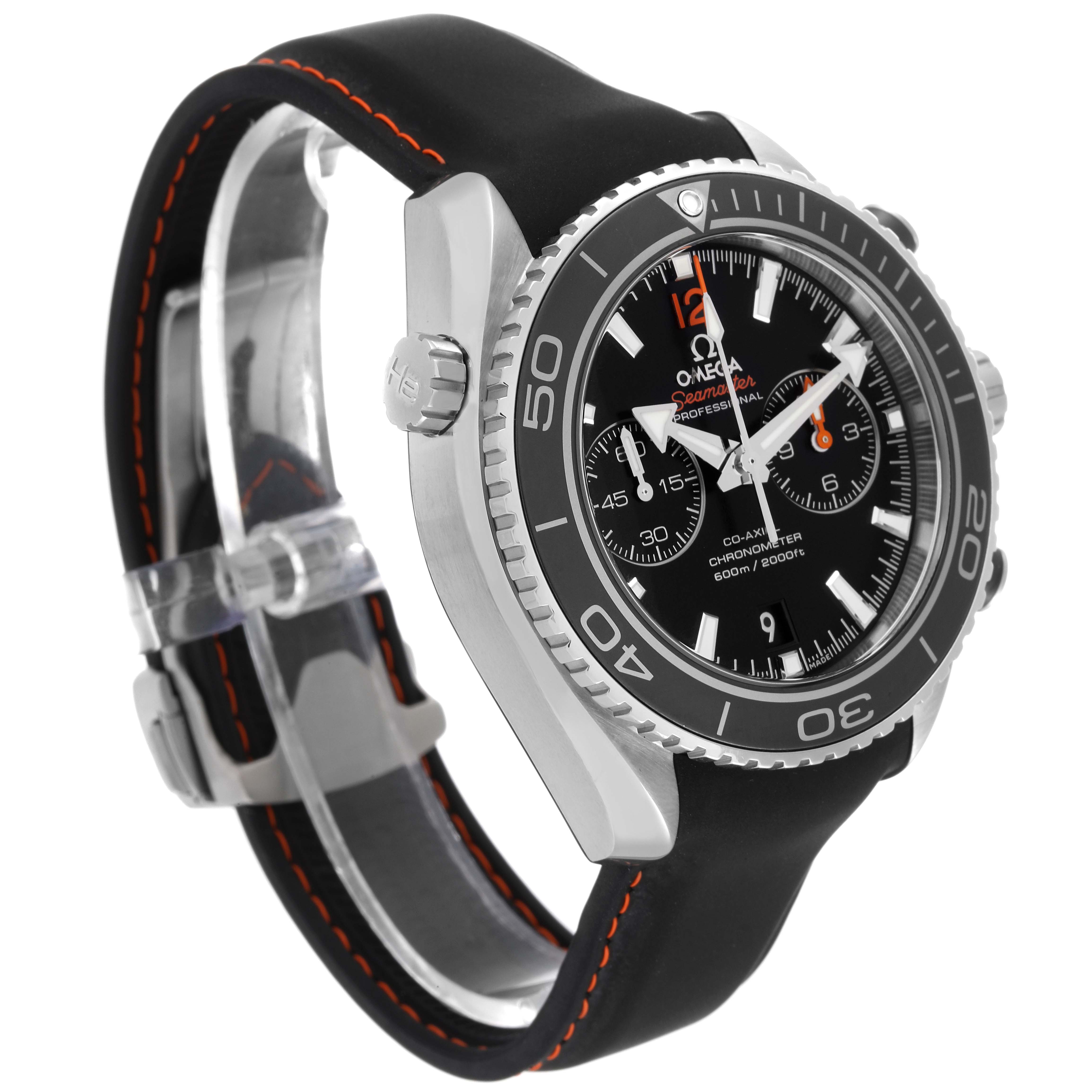 The image shows an Omega Planet Ocean 232.32.46.51.01.005 Men
s Stainless Steel Black Dial 232.32.46.51.01.005 Men
s Stainless Steel Black Dial watch at an angle displaying the bezel, crown, dial, and strap with orange stitching.