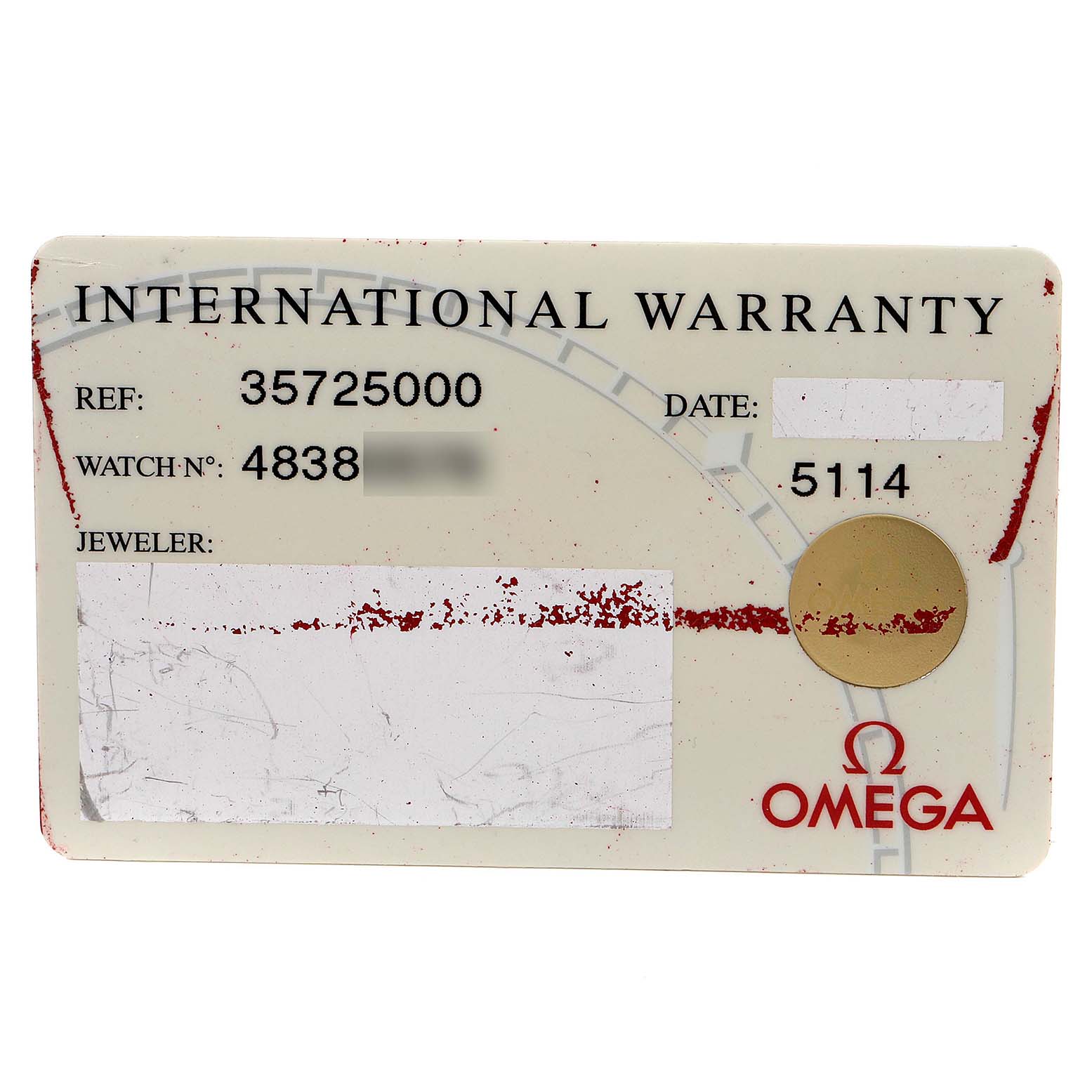 This is an international warranty card for the Omega Speedmaster 3572.50.00 Men
s Stainless Steel Black Dial 3572.50.00 Men
s Stainless Steel Black Dial model, showing reference and watch numbers.