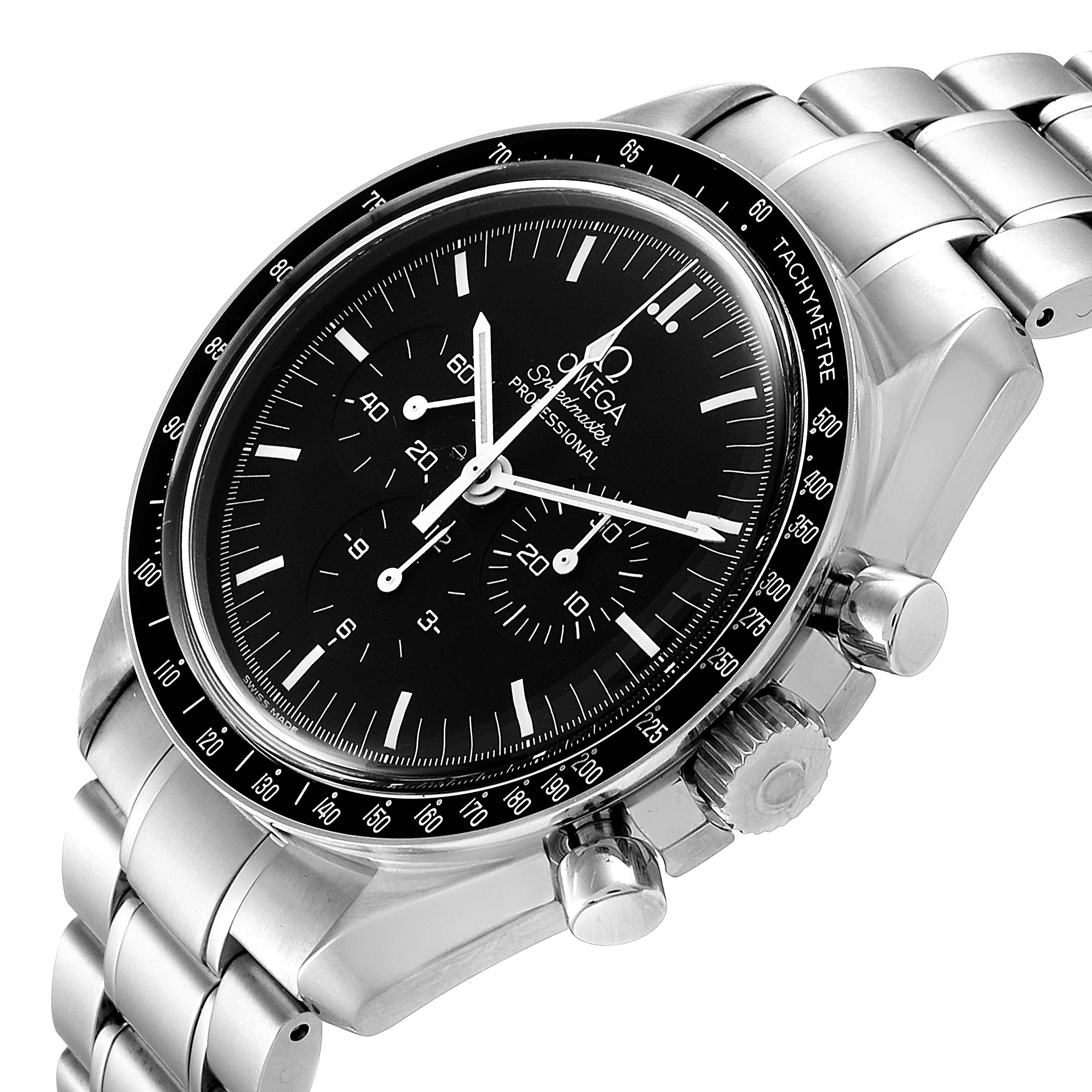 The Omega Speedmaster 3572.50.00 Men
s Stainless Steel Black Dial 3572.50.00 Men
s Stainless Steel Black Dial watch is shown at a slightly angled perspective, capturing the bracelet, dial, case, and pushers.