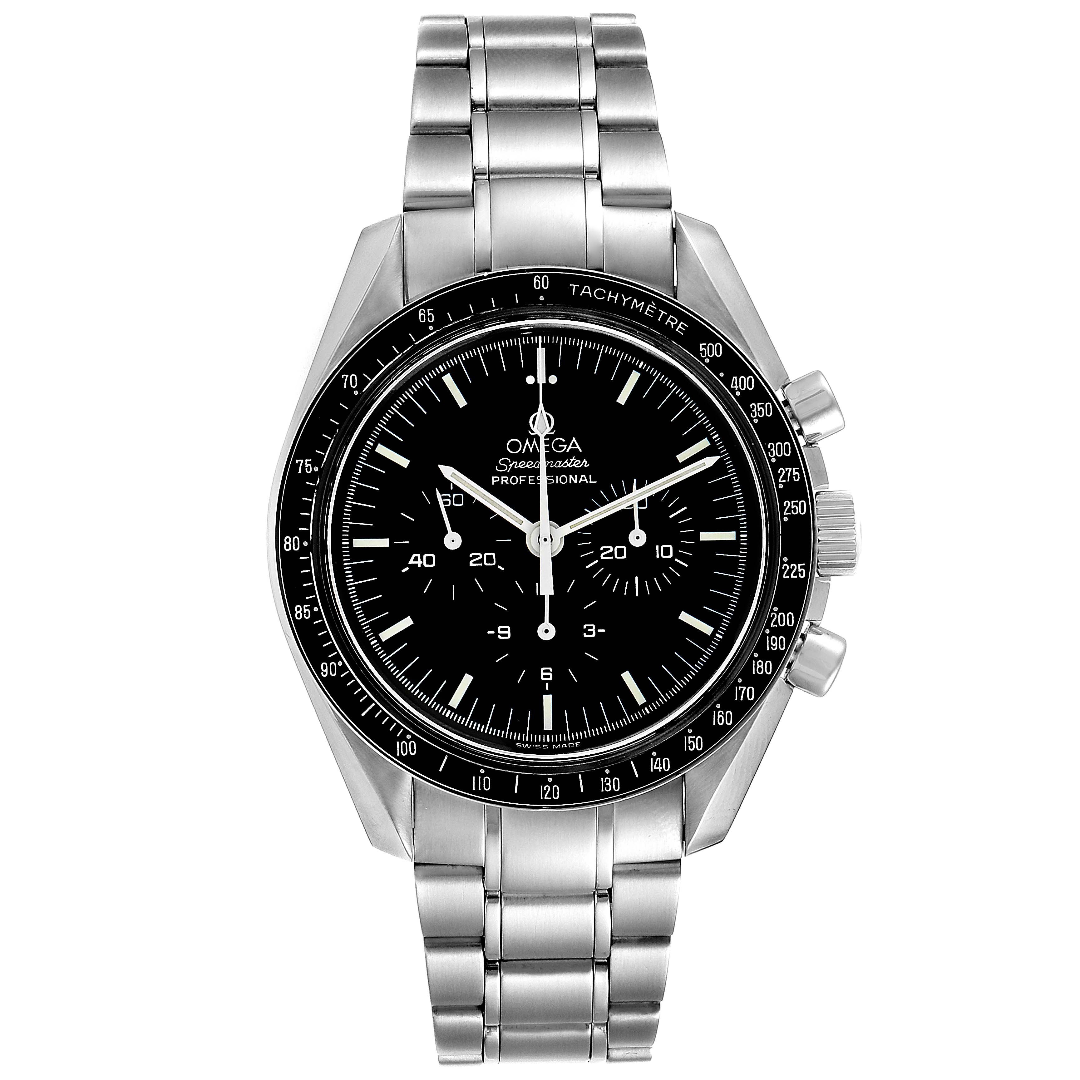 The image shows a front view of the Omega Speedmaster 3572.50.00 Men
s Stainless Steel Black Dial 3572.50.00 Men
s Stainless Steel Black Dial watch, showcasing its dial, bezel, case, and bracelet.