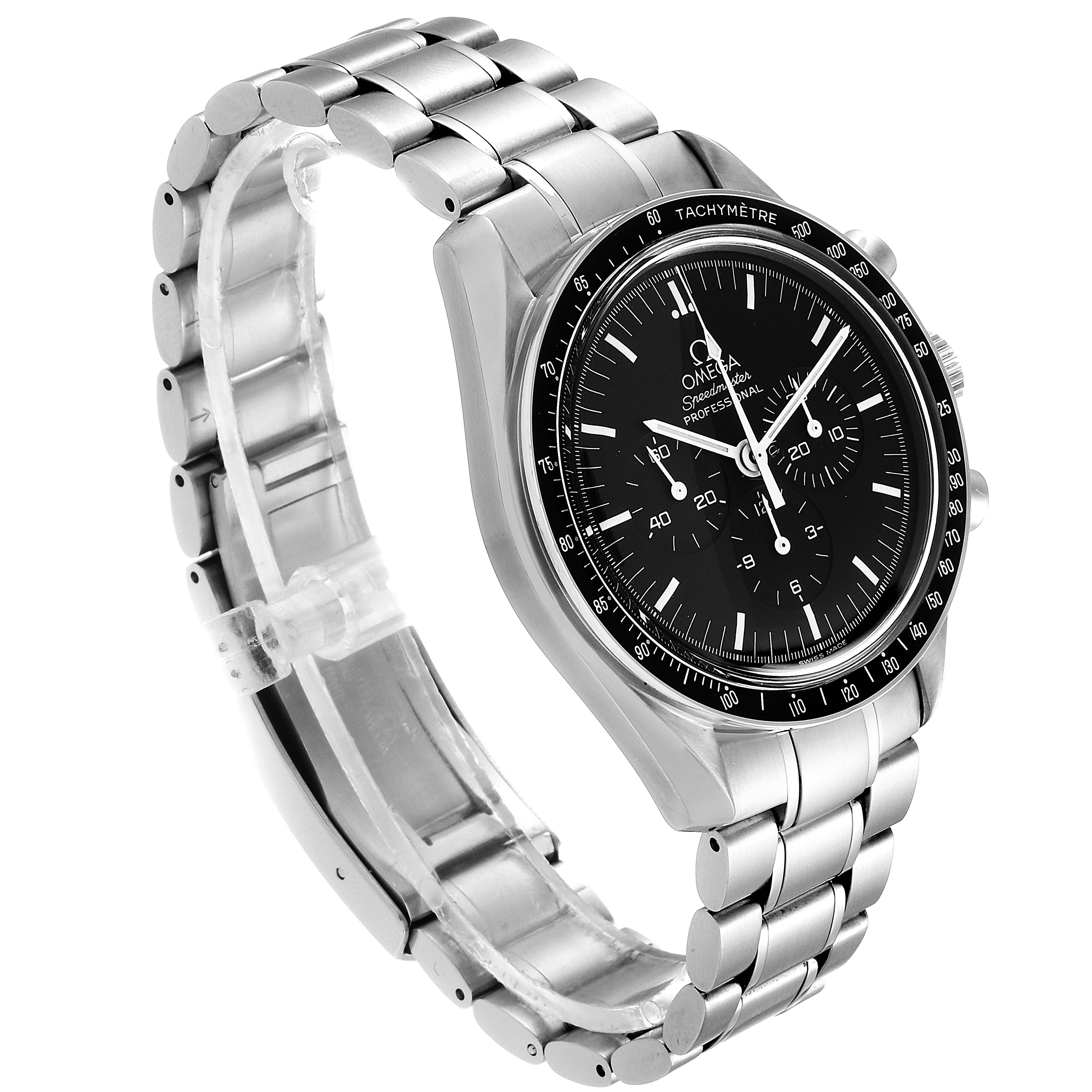 The image shows an Omega Speedmaster 3572.50.00 Men
s Stainless Steel Black Dial 3572.50.00 Men
s Stainless Steel Black Dial watch at a slight angle, highlighting the dial, bezel, and stainless steel bracelet.
