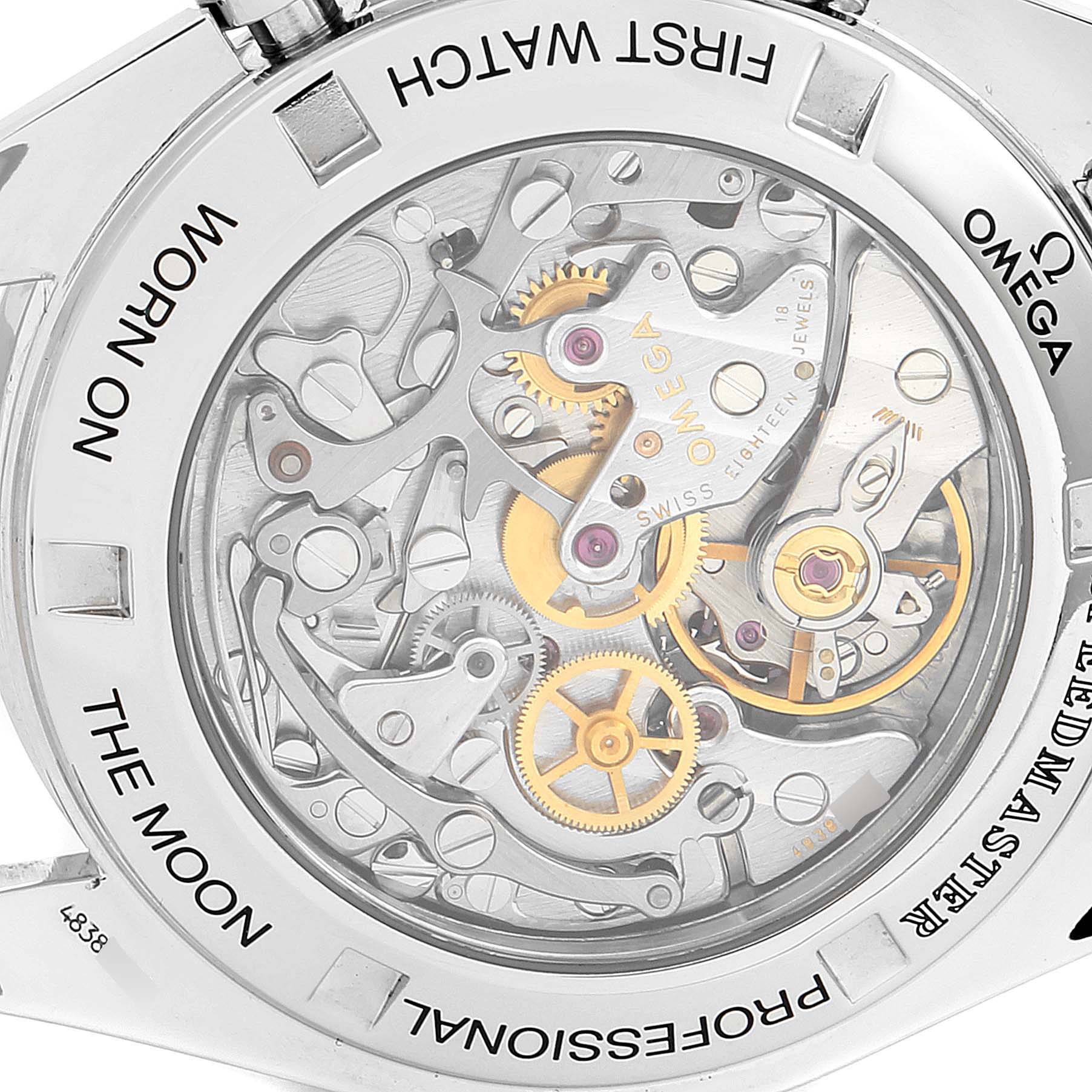 This image shows the back of an Omega Speedmaster 3572.50.00 Men
s Stainless Steel Black Dial 3572.50.00 Men
s Stainless Steel Black Dial watch, highlighting its intricate movement and internal components.