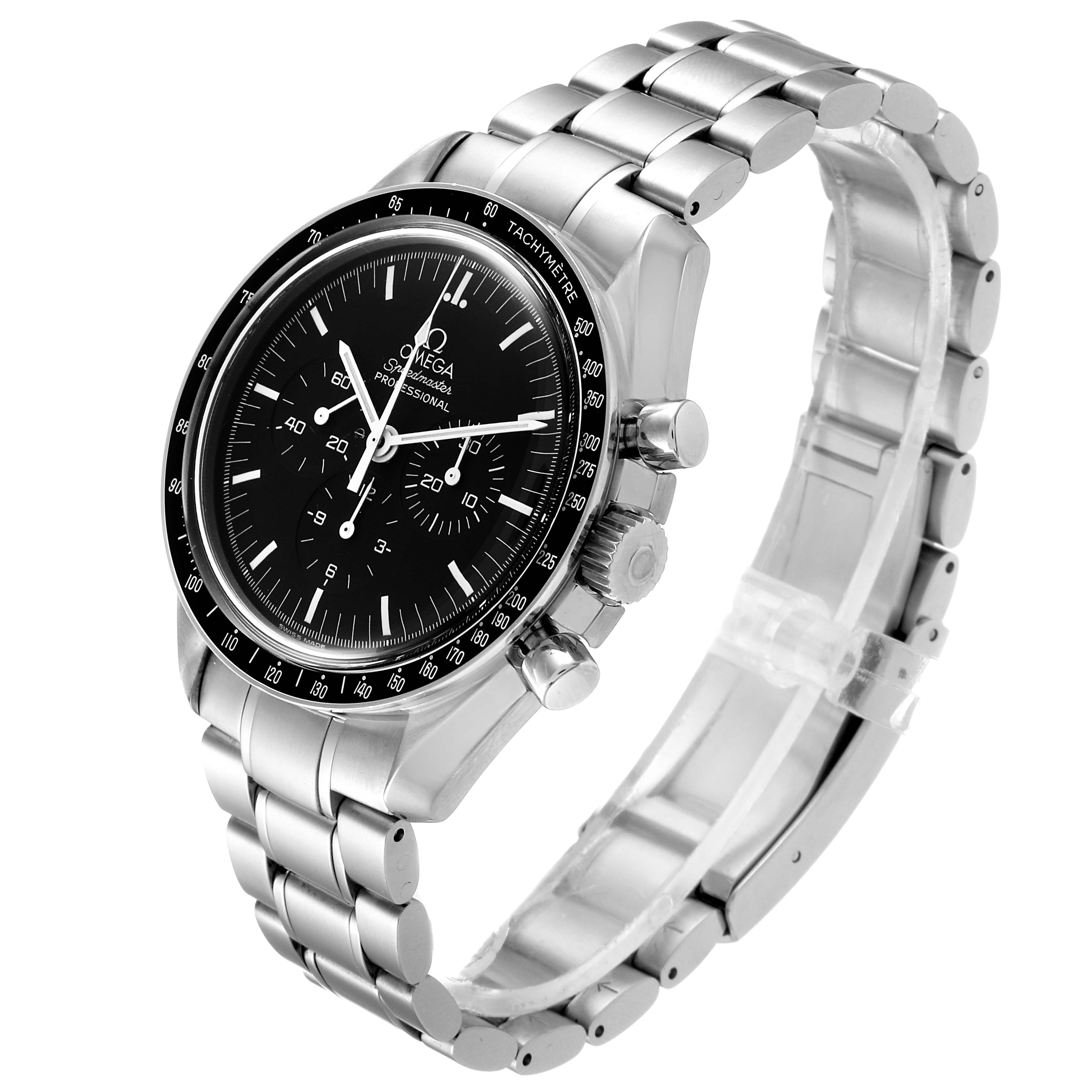 The image shows an Omega Speedmaster 3572.50.00 Men
s Stainless Steel Black Dial 3572.50.00 Men
s Stainless Steel Black Dial watch at a 45-degree angle, highlighting the face, bezel, and metal bracelet.