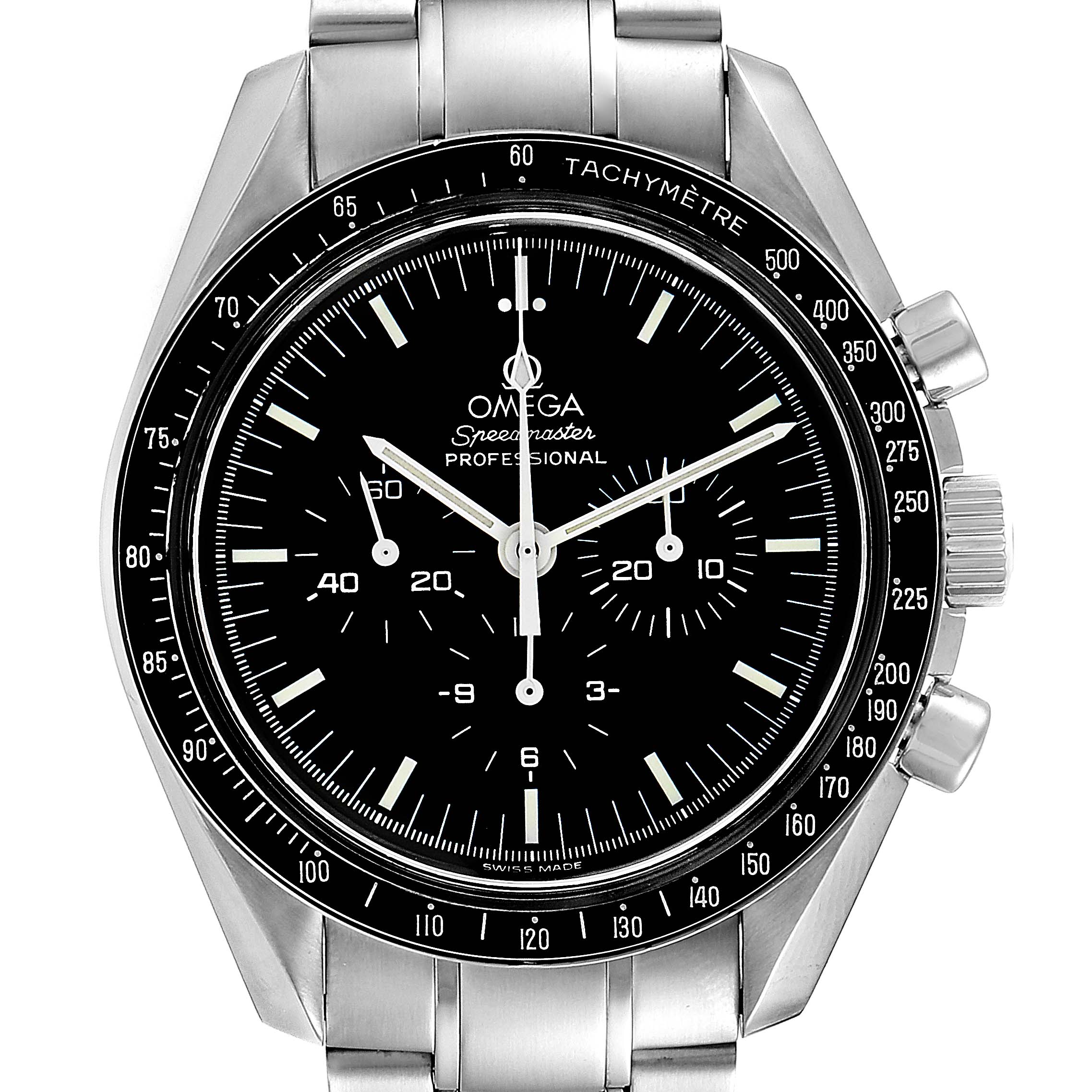 The image shows a frontal view of the Omega Speedmaster 3572.50.00 Men
s Stainless Steel Black Dial 3572.50.00 Men
s Stainless Steel Black Dial Professional watch, showcasing its black dial, sub-dials, and tachymeter bezel.