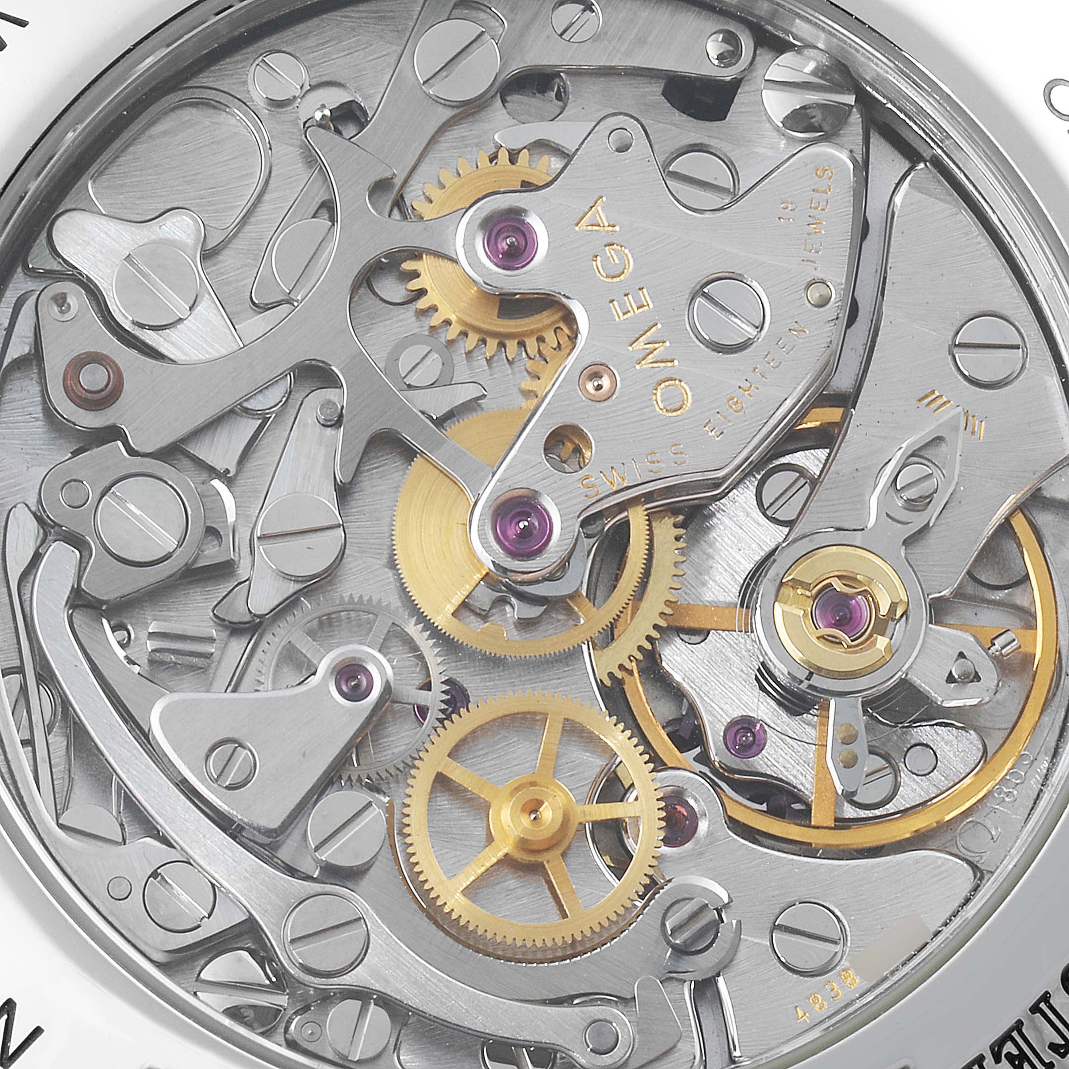 This is a close-up view of the intricate internal movement of the Omega Speedmaster 3572.50.00 Men
s Stainless Steel Black Dial 3572.50.00 Men
s Stainless Steel Black Dial watch, showcasing its mechanical components.