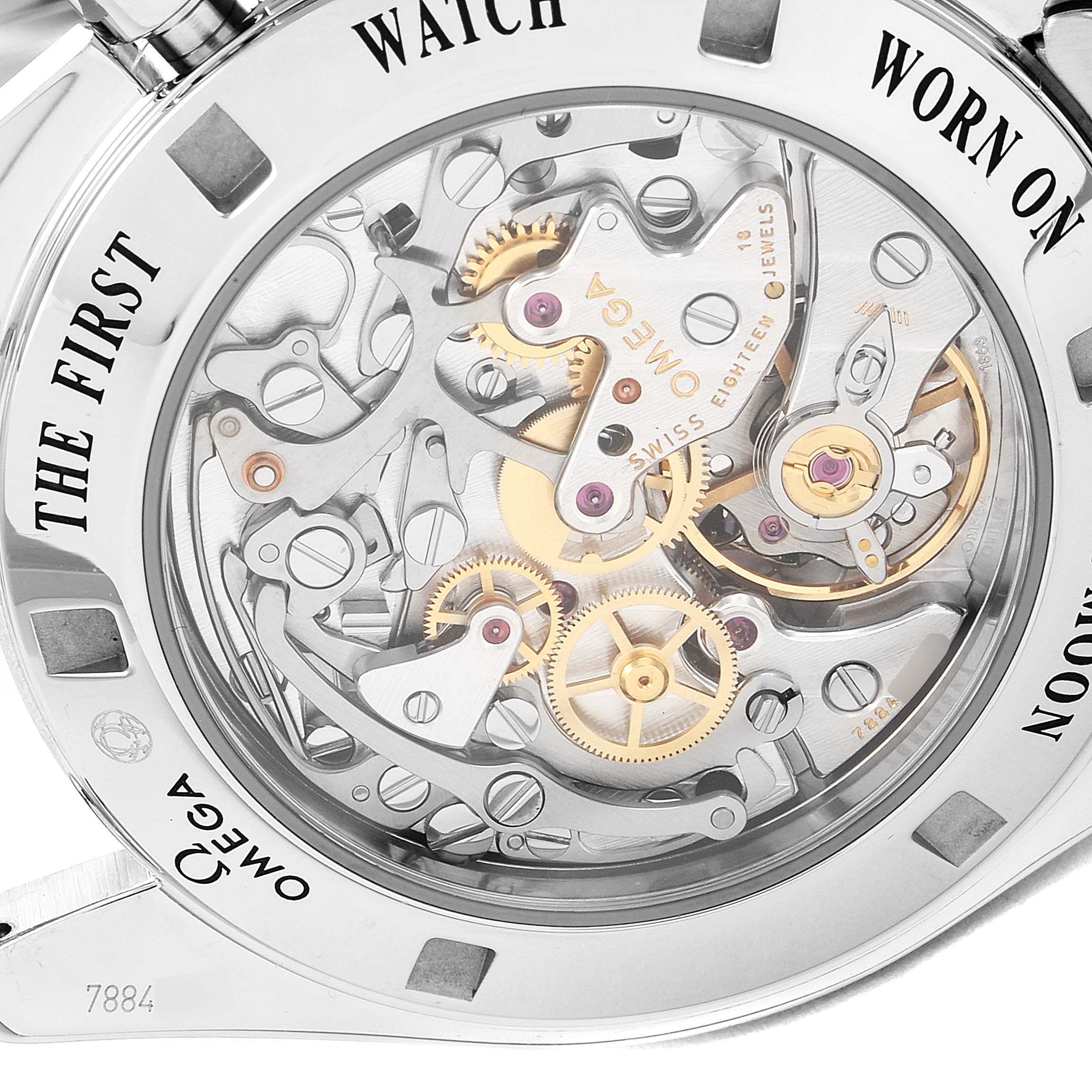 The image shows a close-up view of the Omega Speedmaster 311.30.42.30.01.006 Men's Stainless Steel Black Dial 311.30.42.30.01.006 Men's Stainless Steel Black Dial's exhibition case back, revealing the intricate inner mechanisms and engravings.