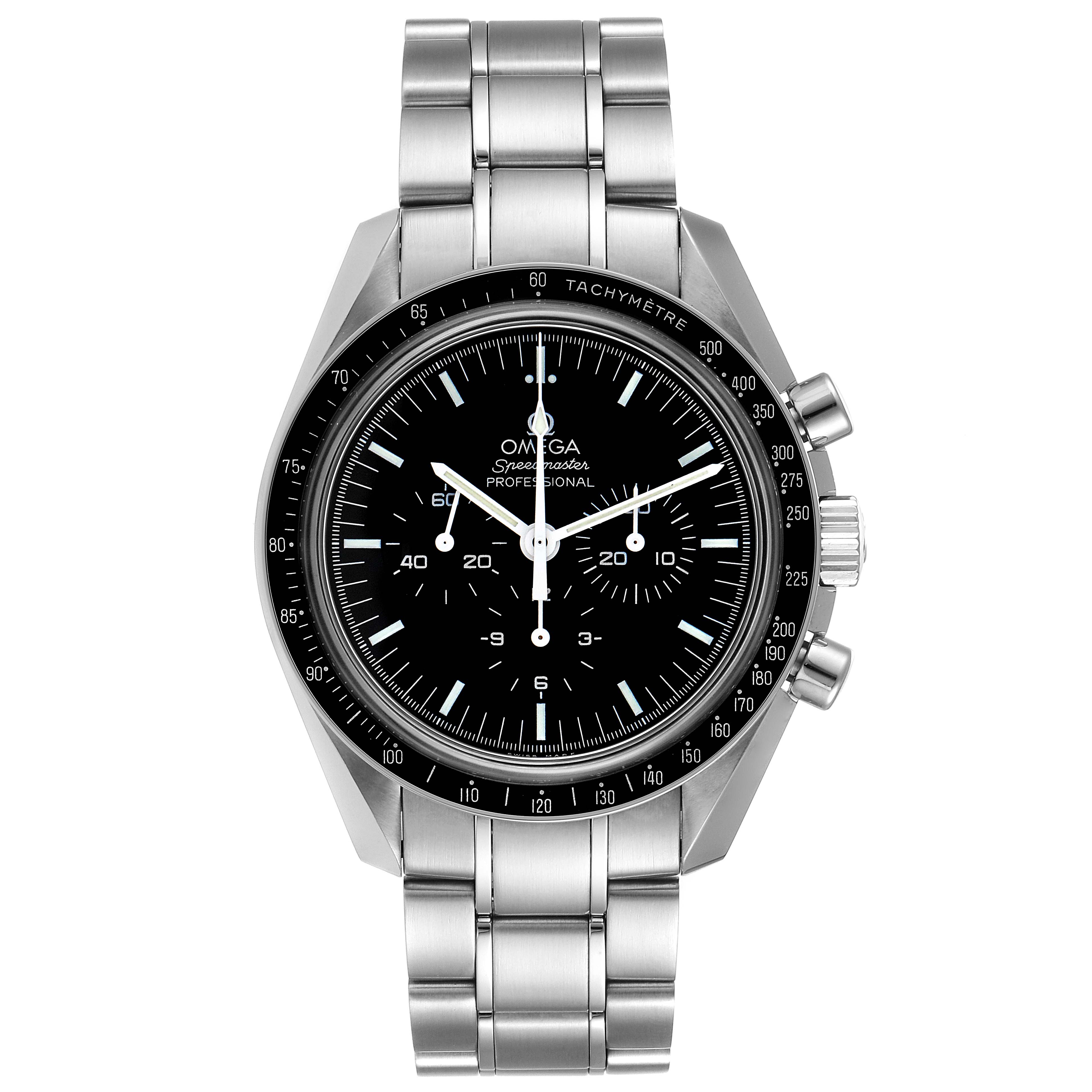 This is a head-on view of the Omega Speedmaster 311.30.42.30.01.006 Men's Stainless Steel Black Dial 311.30.42.30.01.006 Men's Stainless Steel Black Dial watch, showing the face, bezel, crown, pushers, and stainless steel bracelet.