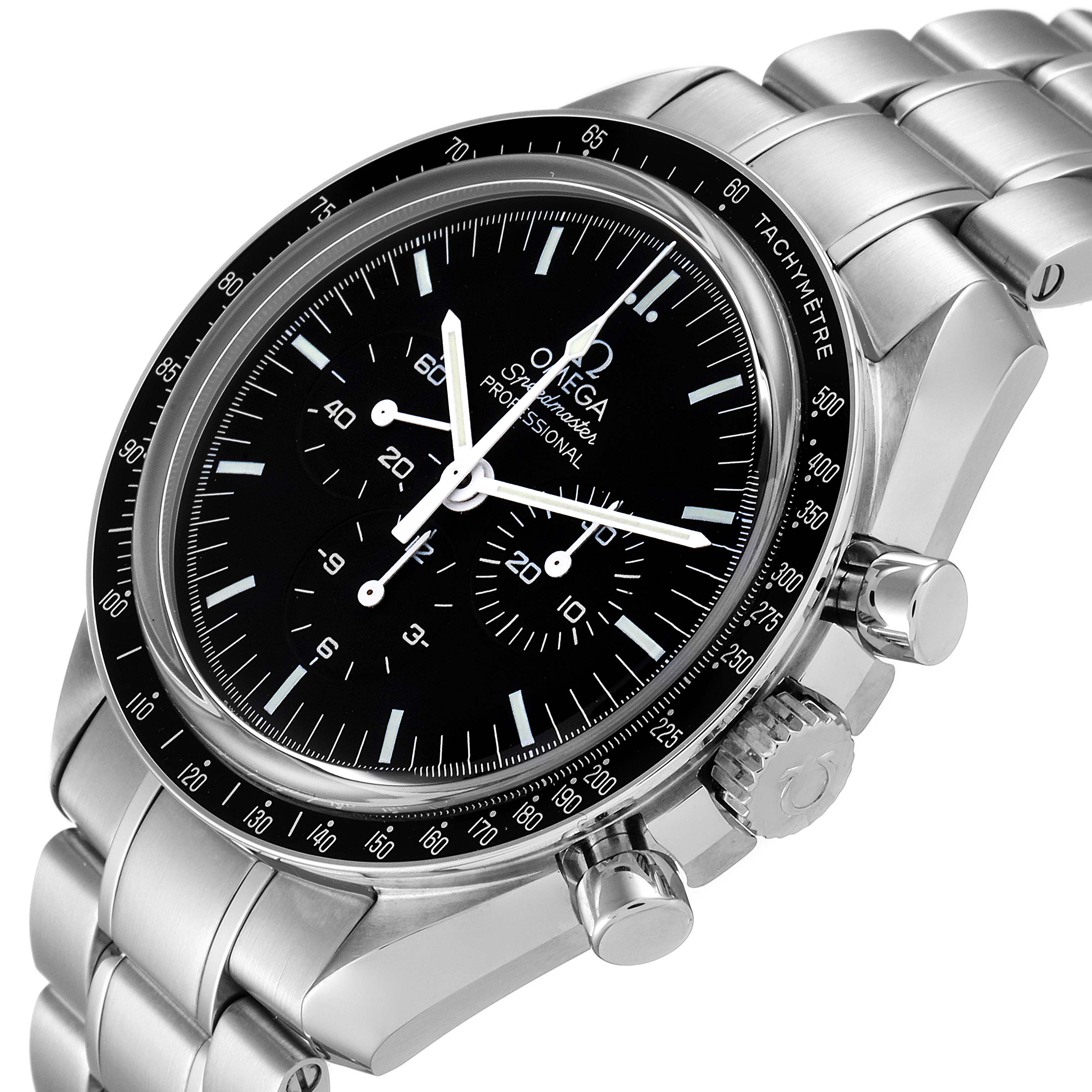 The Omega Speedmaster 311.30.42.30.01.006 Men's Stainless Steel Black Dial 311.30.42.30.01.006 Men's Stainless Steel Black Dial watch is shown at an oblique angle, displaying its black dial, subdials, tachymeter bezel, and stainless steel bracelet.