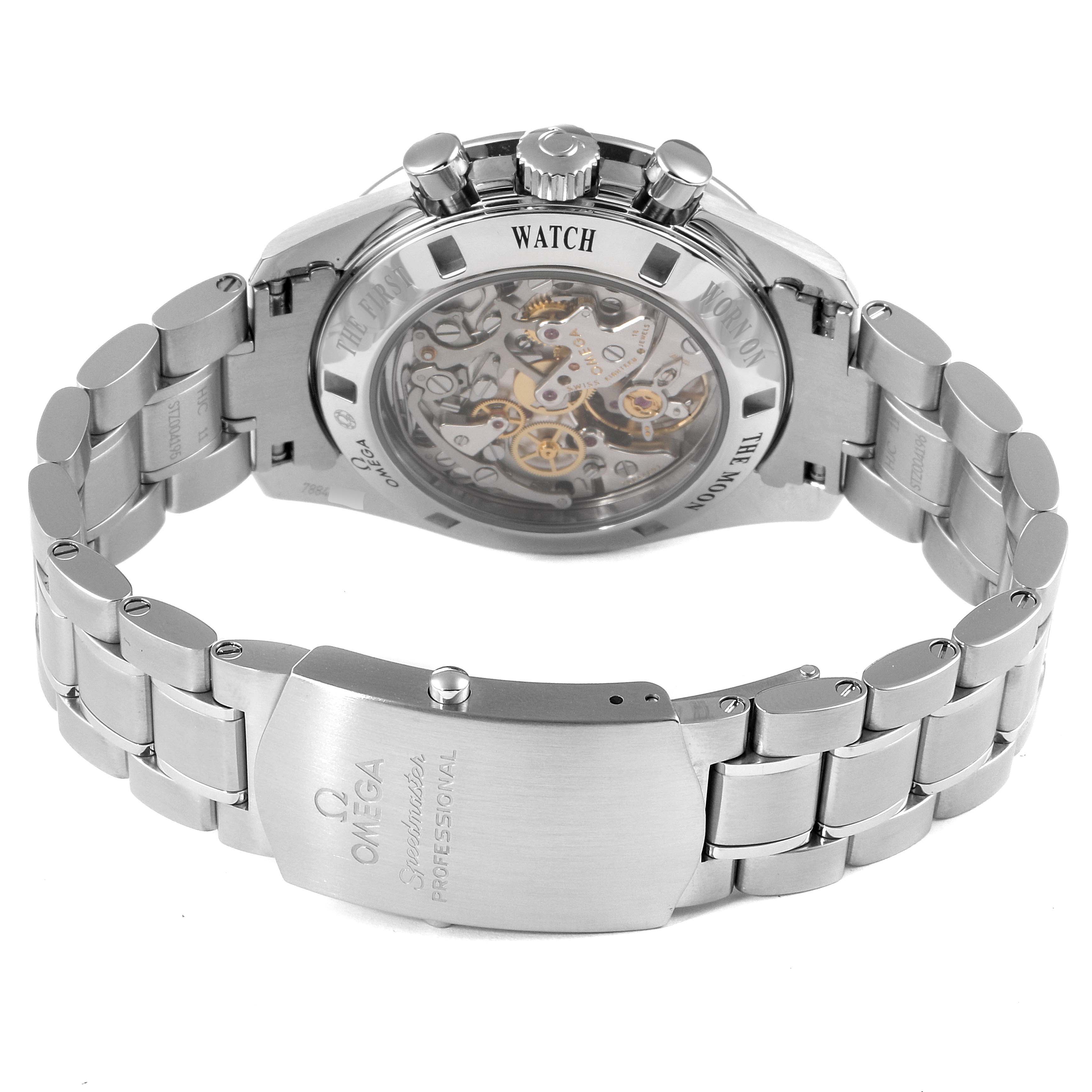 The image shows the back view of the Omega Speedmaster 311.30.42.30.01.006 Men's Stainless Steel Black Dial 311.30.42.30.01.006 Men's Stainless Steel Black Dial watch, highlighting the bracelet, clasp, and exposed movement.