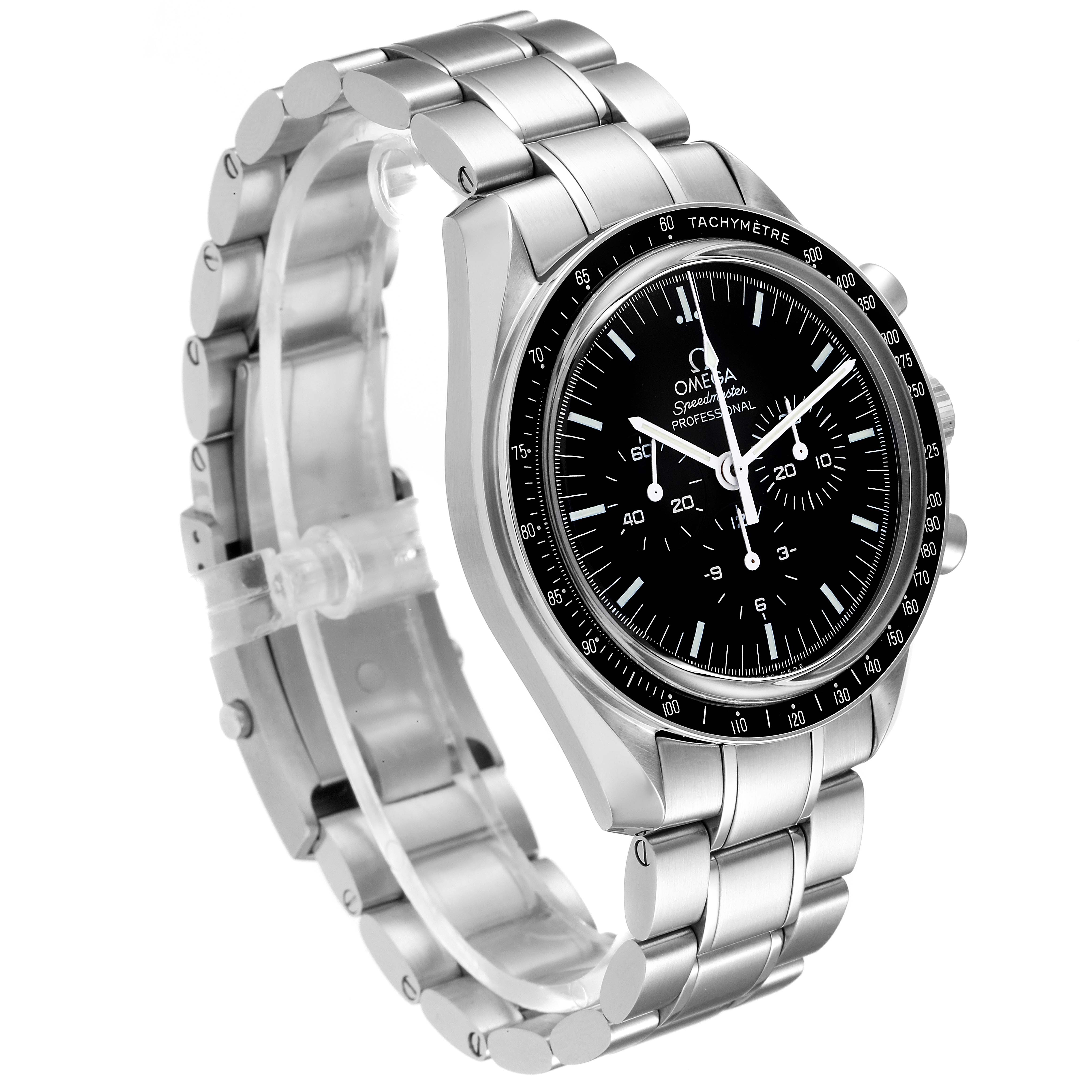 The image shows a side angle of an Omega Speedmaster 311.30.42.30.01.006 Men's Stainless Steel Black Dial 311.30.42.30.01.006 Men's Stainless Steel Black Dial watch, displaying its stainless steel case, tachymeter bezel, and bracelet.