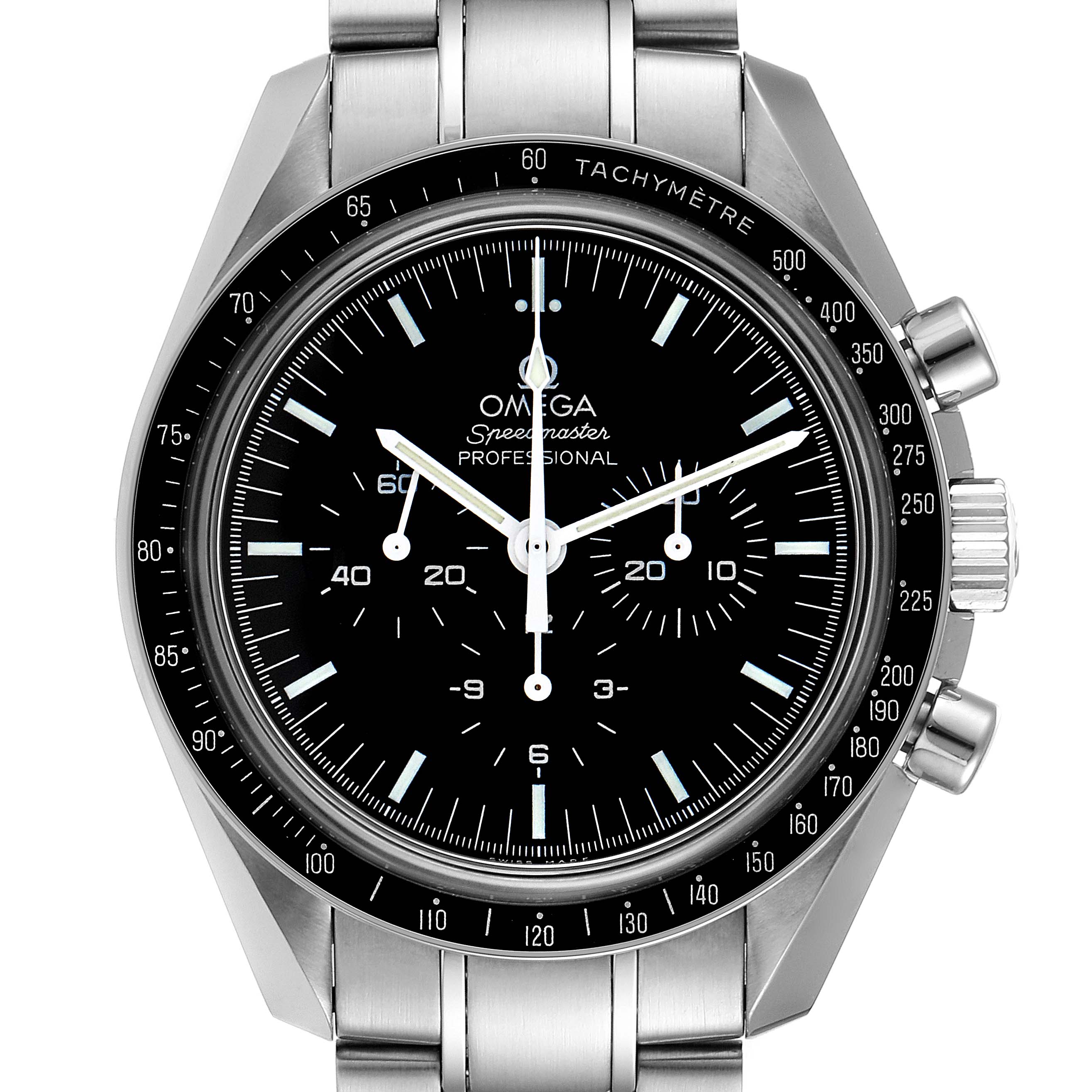 This image shows a front view of the Omega Speedmaster 311.30.42.30.01.006 Men's Stainless Steel Black Dial 311.30.42.30.01.006 Men's Stainless Steel Black Dial, displaying its dial, bezel, chronograph sub-dials, and stainless steel bracelet.