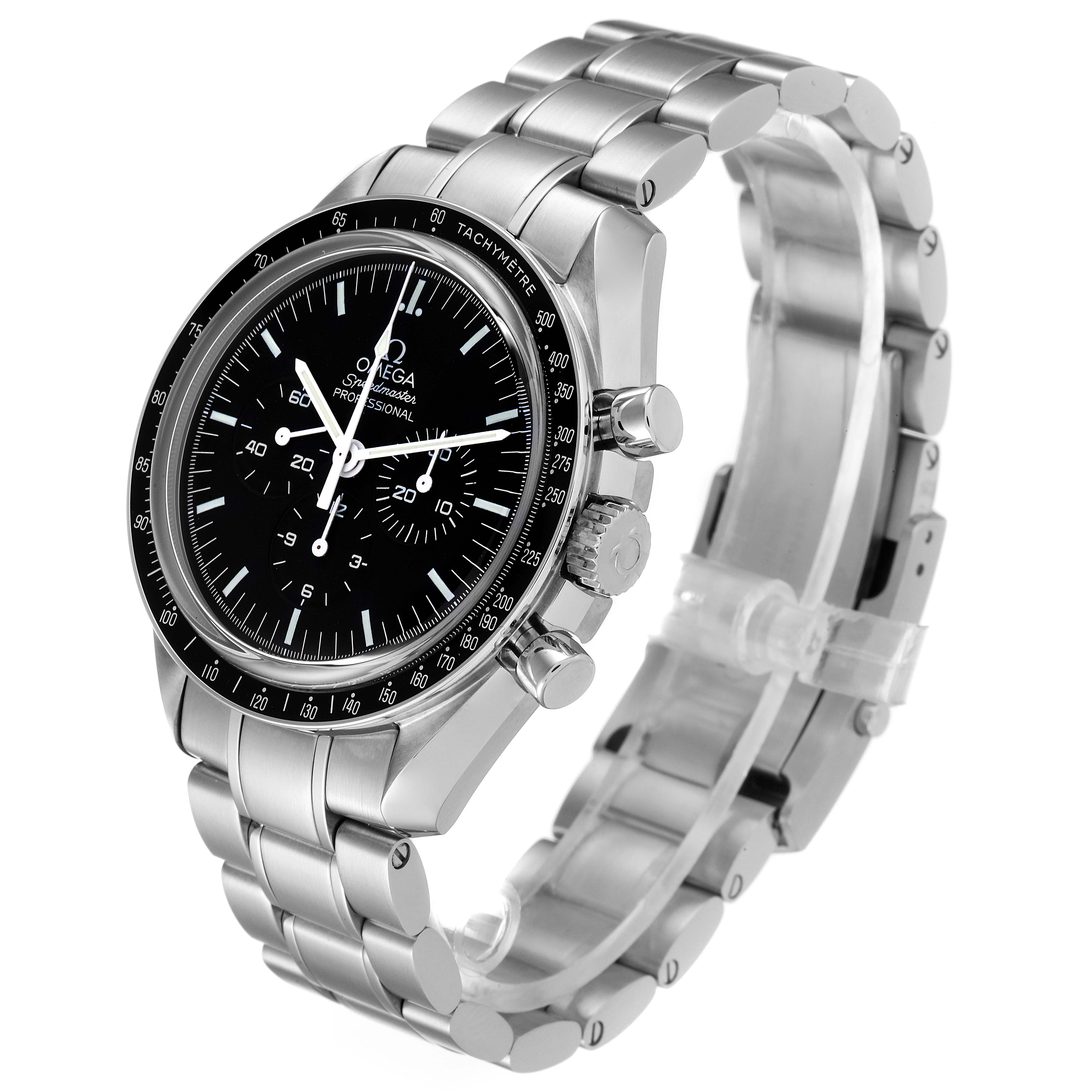 The image shows a side angle view of an Omega Speedmaster 311.30.42.30.01.006 Men's Stainless Steel Black Dial 311.30.42.30.01.006 Men's Stainless Steel Black Dial watch, highlighting its face, bezel, crown, and stainless steel link bracelet.