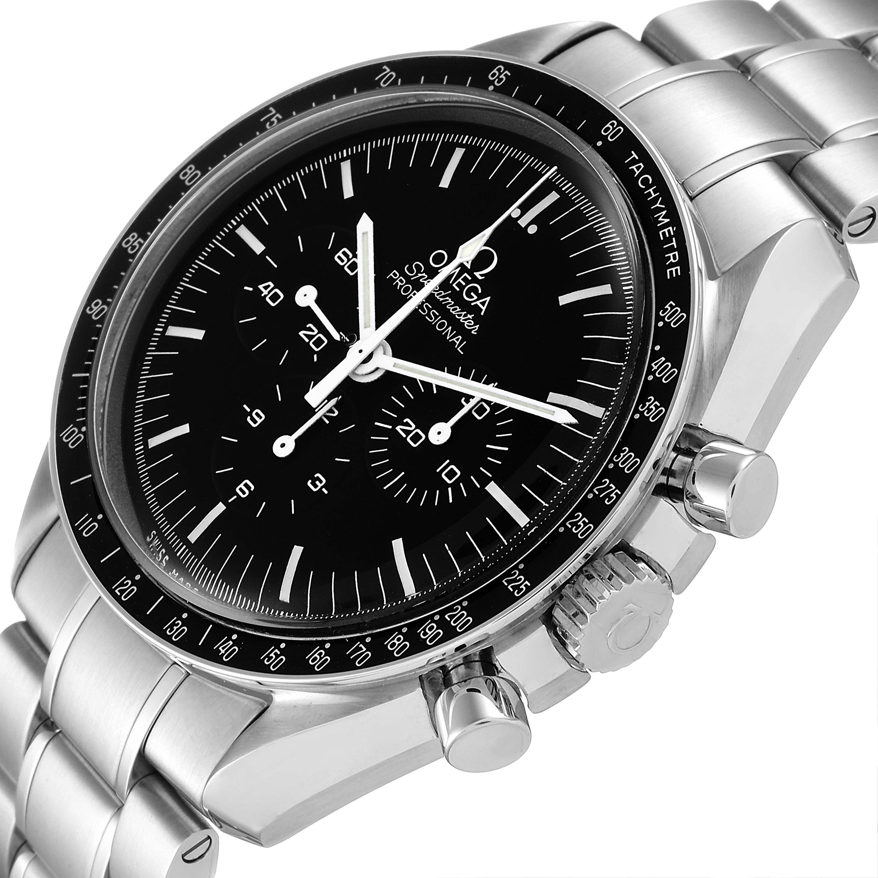 This image shows a close-up angled view of the Omega Speedmaster 311.30.42.30.01.005 Men's Stainless Steel Black Dial 311.30.42.30.01.005 Men's Stainless Steel Black Dial watch, highlighting its dial, bezel, pushers, and bracelet.