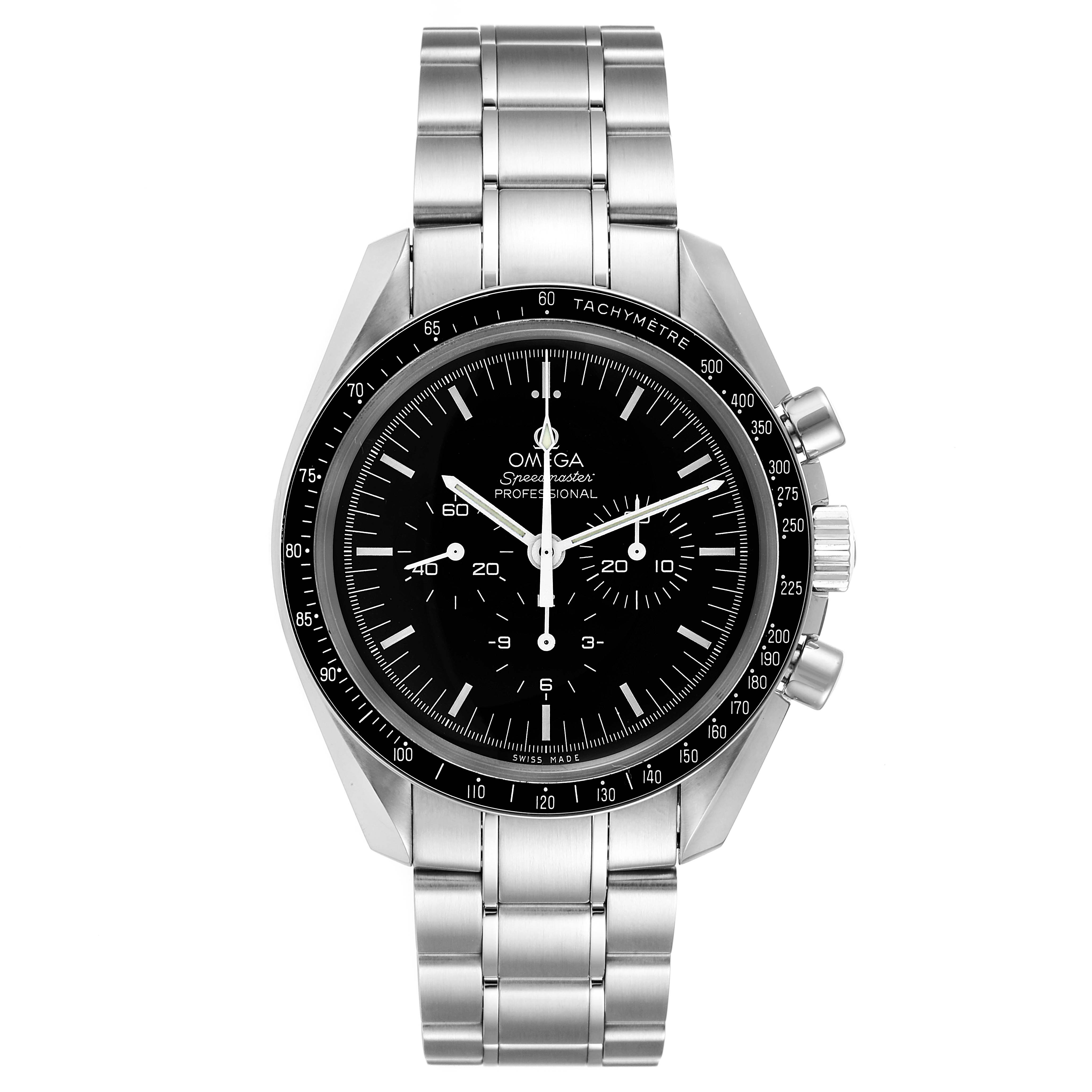 The image shows a frontal view of the Omega Speedmaster 311.30.42.30.01.005 Men's Stainless Steel Black Dial 311.30.42.30.01.005 Men's Stainless Steel Black Dial Professional watch, displaying its dial, bezel, and stainless steel bracelet.