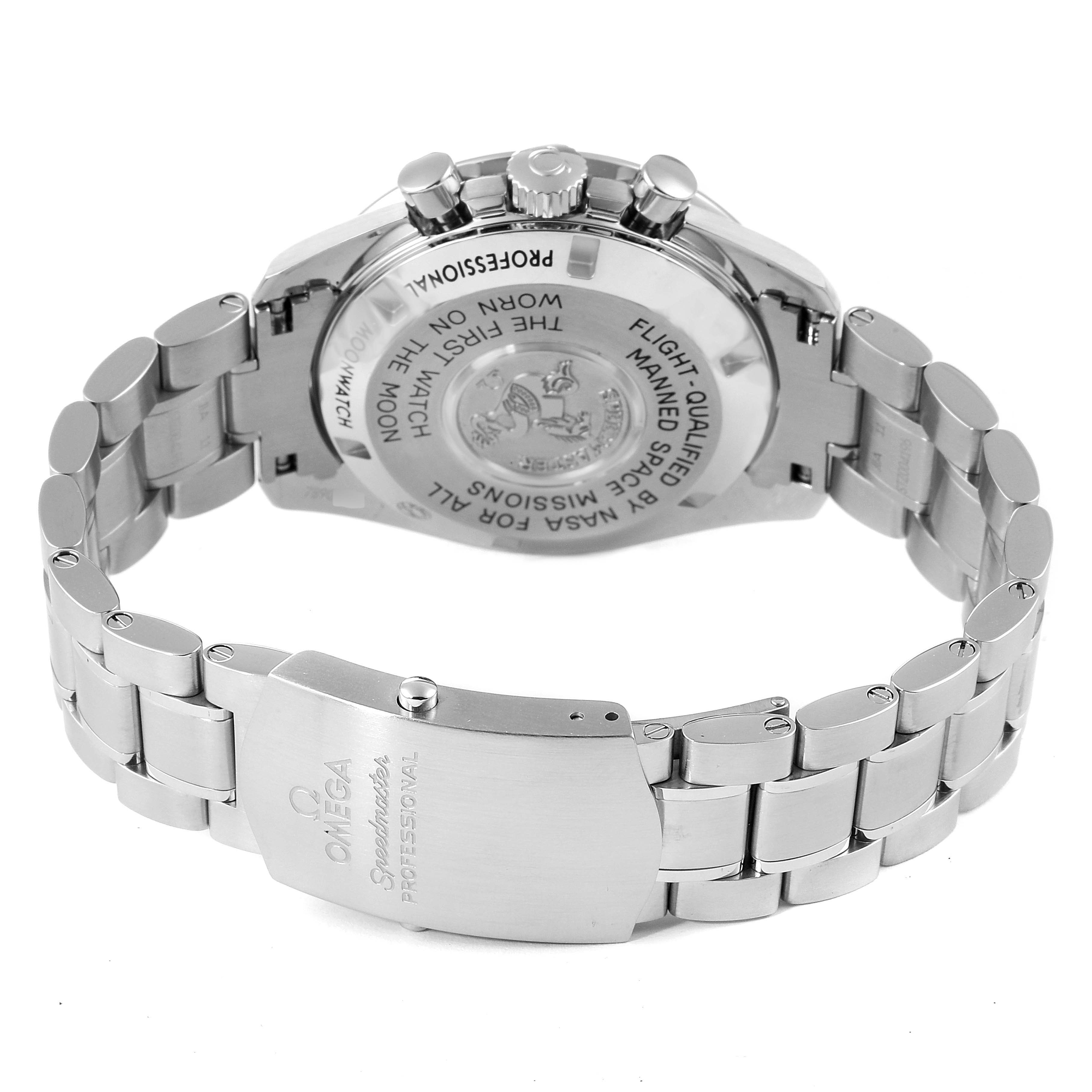 This image shows the back case, clasp, and partially extended bracelet of an Omega Speedmaster 311.30.42.30.01.005 Men's Stainless Steel Black Dial 311.30.42.30.01.005 Men's Stainless Steel Black Dial watch.