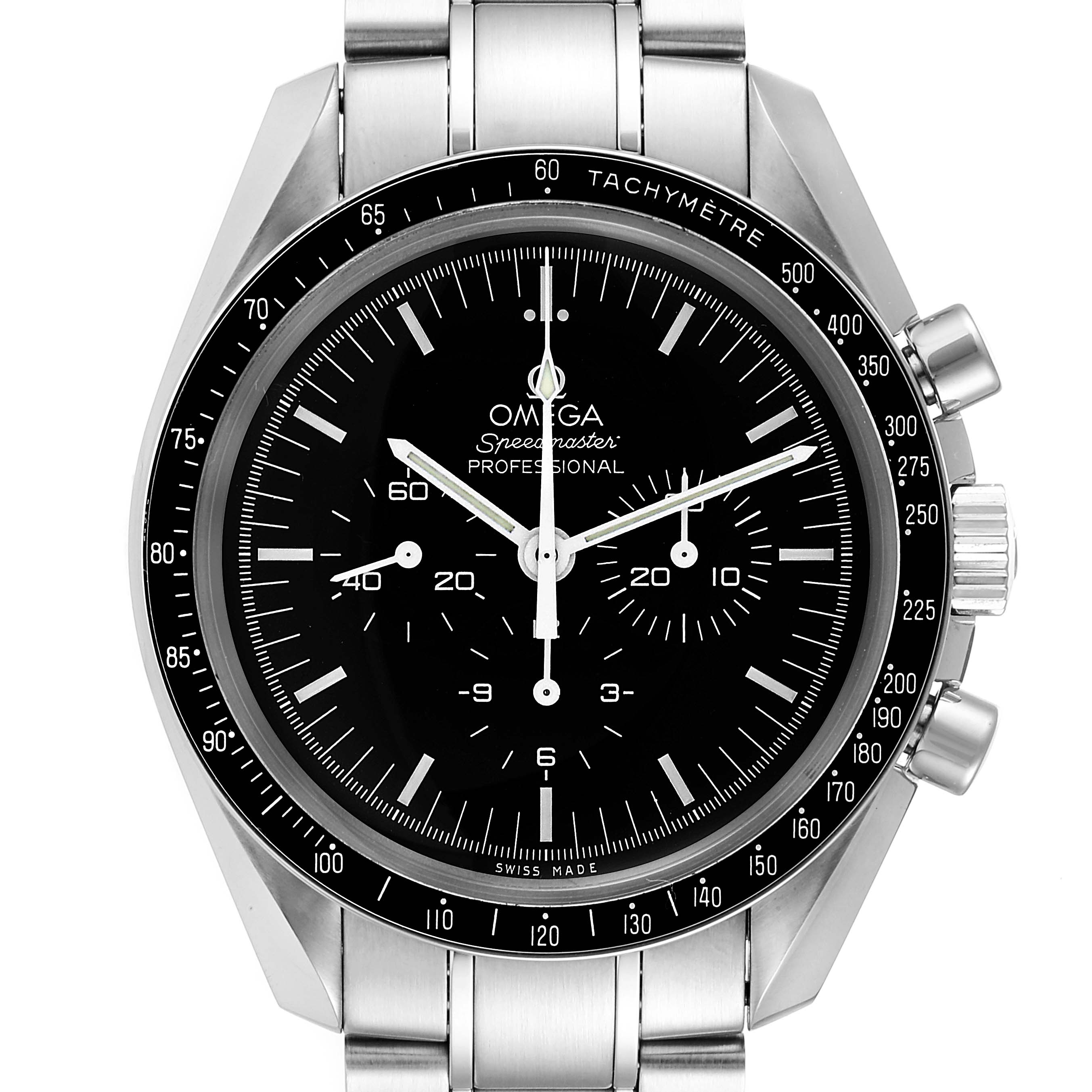 The image shows a front view of the Omega Speedmaster 311.30.42.30.01.005 Men's Stainless Steel Black Dial 311.30.42.30.01.005 Men's Stainless Steel Black Dial watch, highlighting its dial, bezel, and stainless steel bracelet.