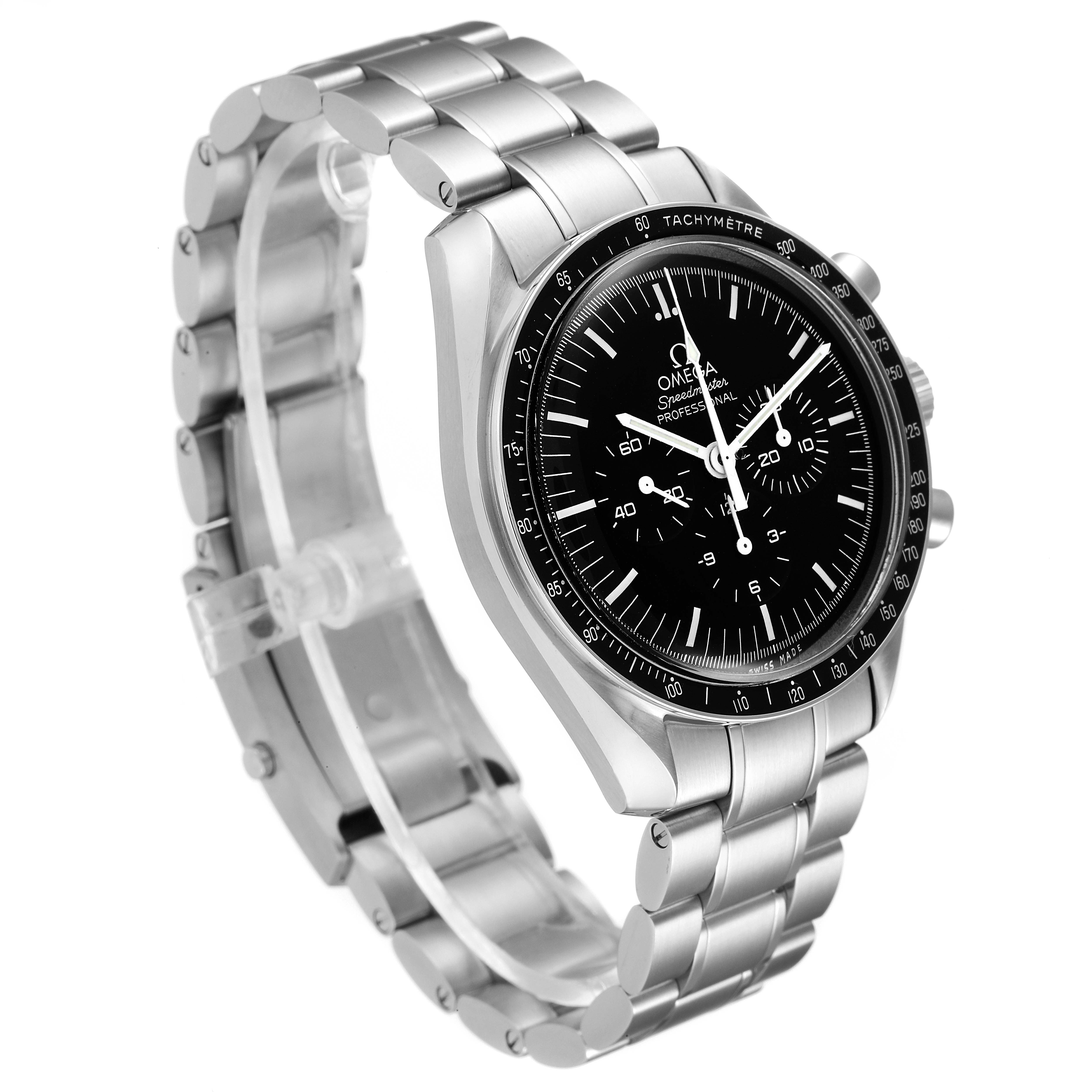 The image shows a three-quarter view of the Omega Speedmaster 311.30.42.30.01.005 Men's Stainless Steel Black Dial 311.30.42.30.01.005 Men's Stainless Steel Black Dial watch with its full silver bracelet and black dial.