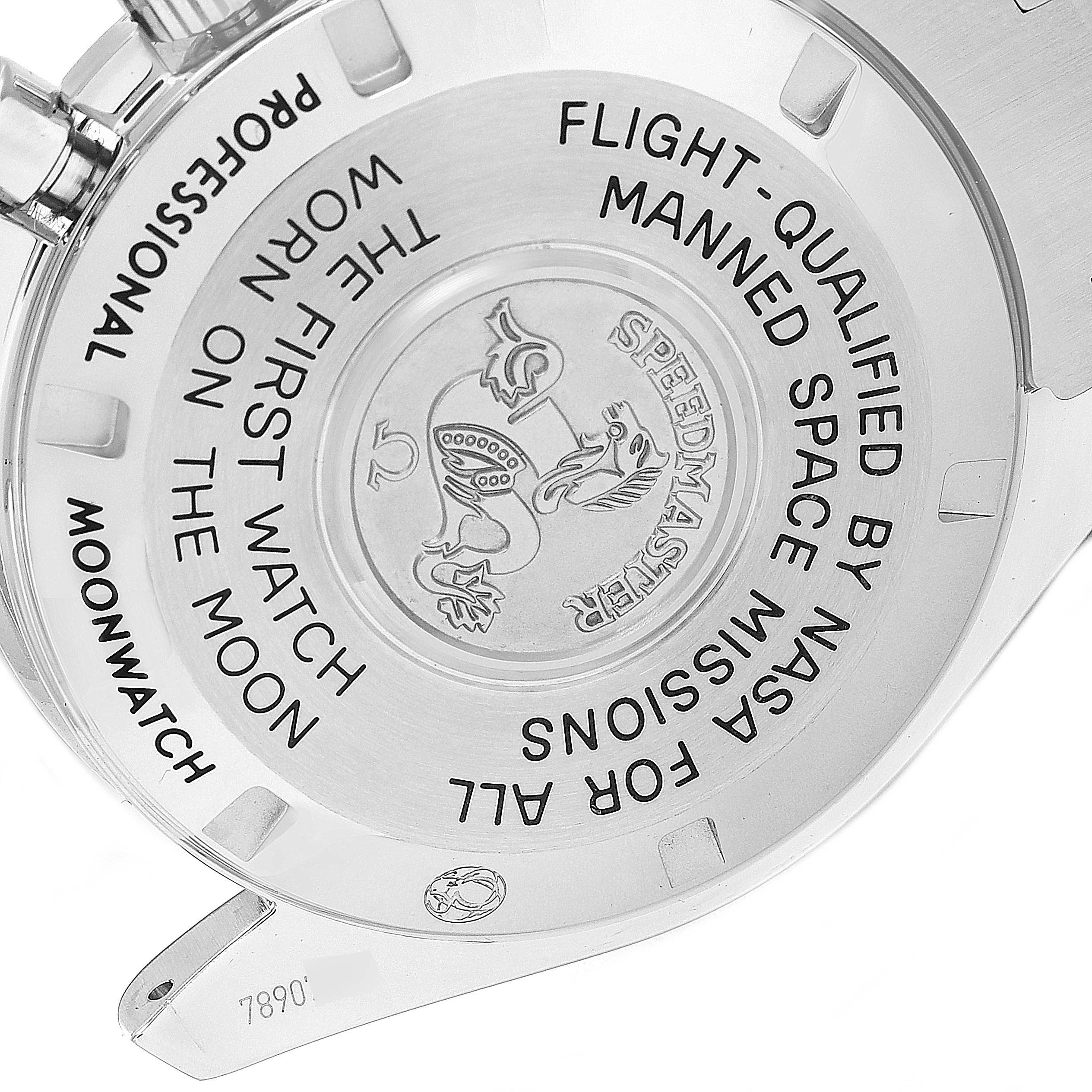 The image shows the back case of an Omega Speedmaster 311.30.42.30.01.005 Men's Stainless Steel Black Dial 311.30.42.30.01.005 Men's Stainless Steel Black Dial watch, featuring engraved text and the brand logo.