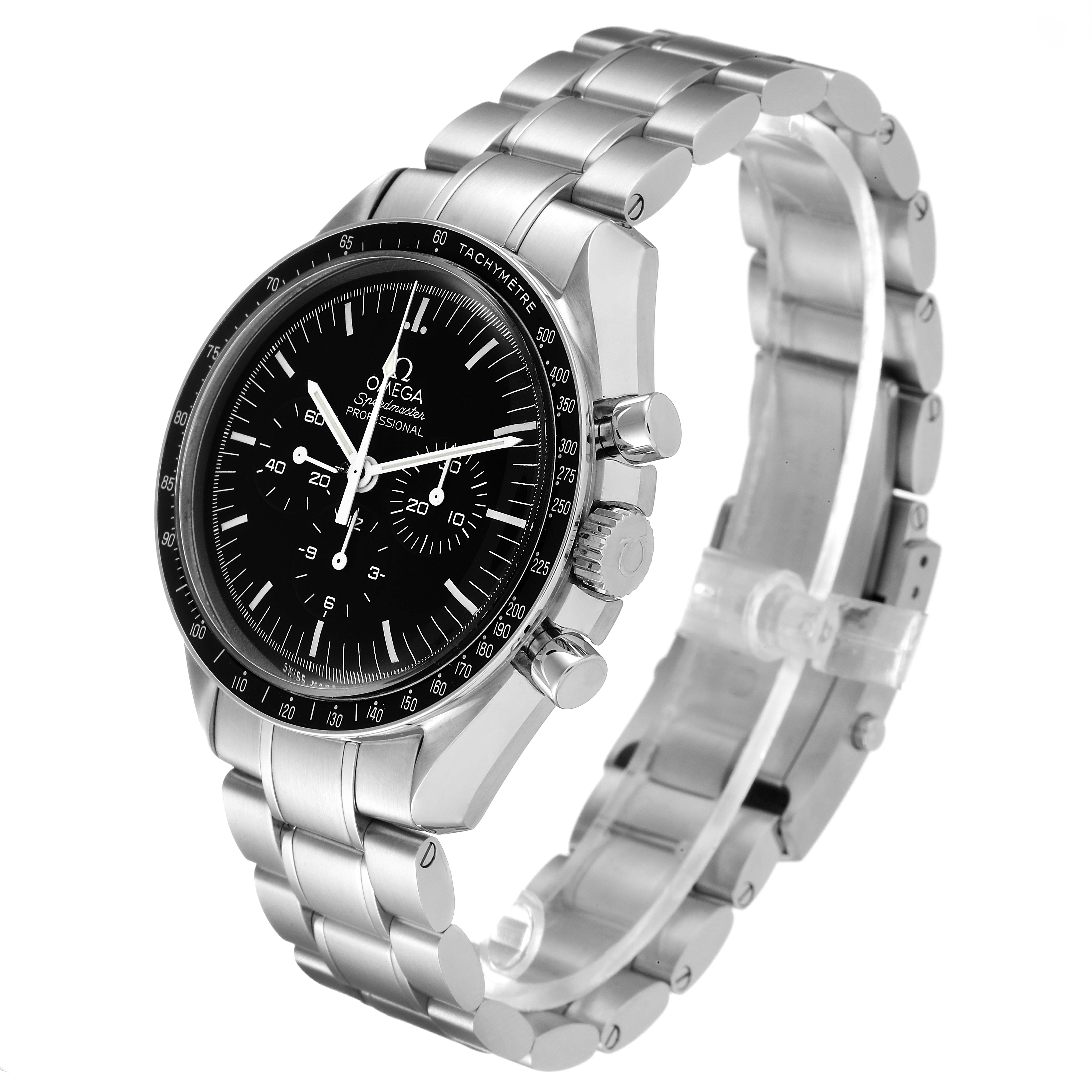 The image shows a side view of the Omega Speedmaster 311.30.42.30.01.005 Men's Stainless Steel Black Dial 311.30.42.30.01.005 Men's Stainless Steel Black Dial watch, displaying the dial, case, crown, and stainless steel bracelet.