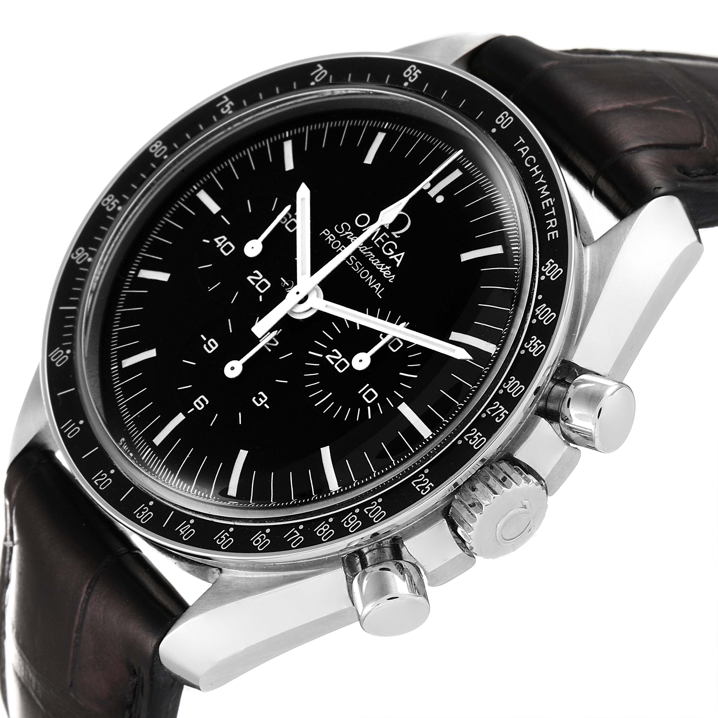The Omega Speedmaster 311.33.42.30.01.001 Men's Stainless Steel Black Dial 311.33.42.30.01.001 Men's Stainless Steel Black Dial watch is shown at an angled close-up, highlighting its black dial, bezel, and side crown and pushers.