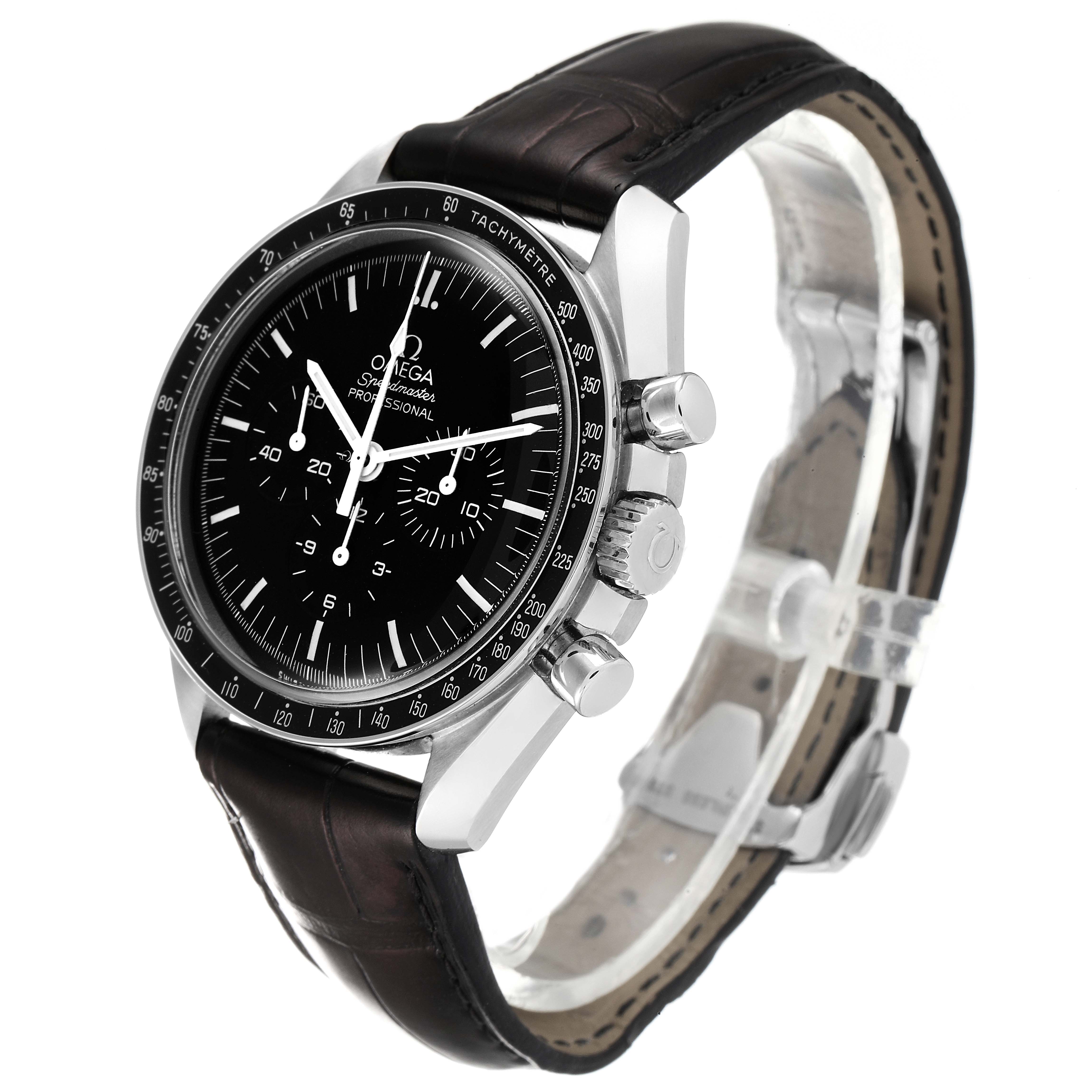 The Omega Speedmaster 311.33.42.30.01.001 Men's Stainless Steel Black Dial 311.33.42.30.01.001 Men's Stainless Steel Black Dial watch is shown at an angle highlighting the dial, bezel, chronograph pushers, and leather strap.