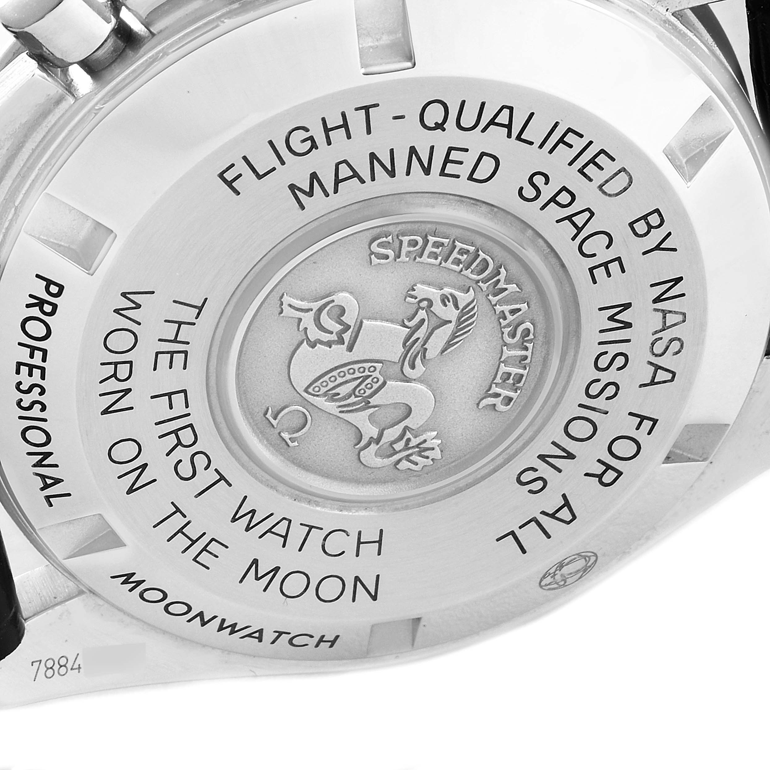 The image shows the case back of the Omega Speedmaster 311.33.42.30.01.001 Men's Stainless Steel Black Dial 311.33.42.30.01.001 Men's Stainless Steel Black Dial, with engravings highlighting its space mission qualification and moon landing heritage.
