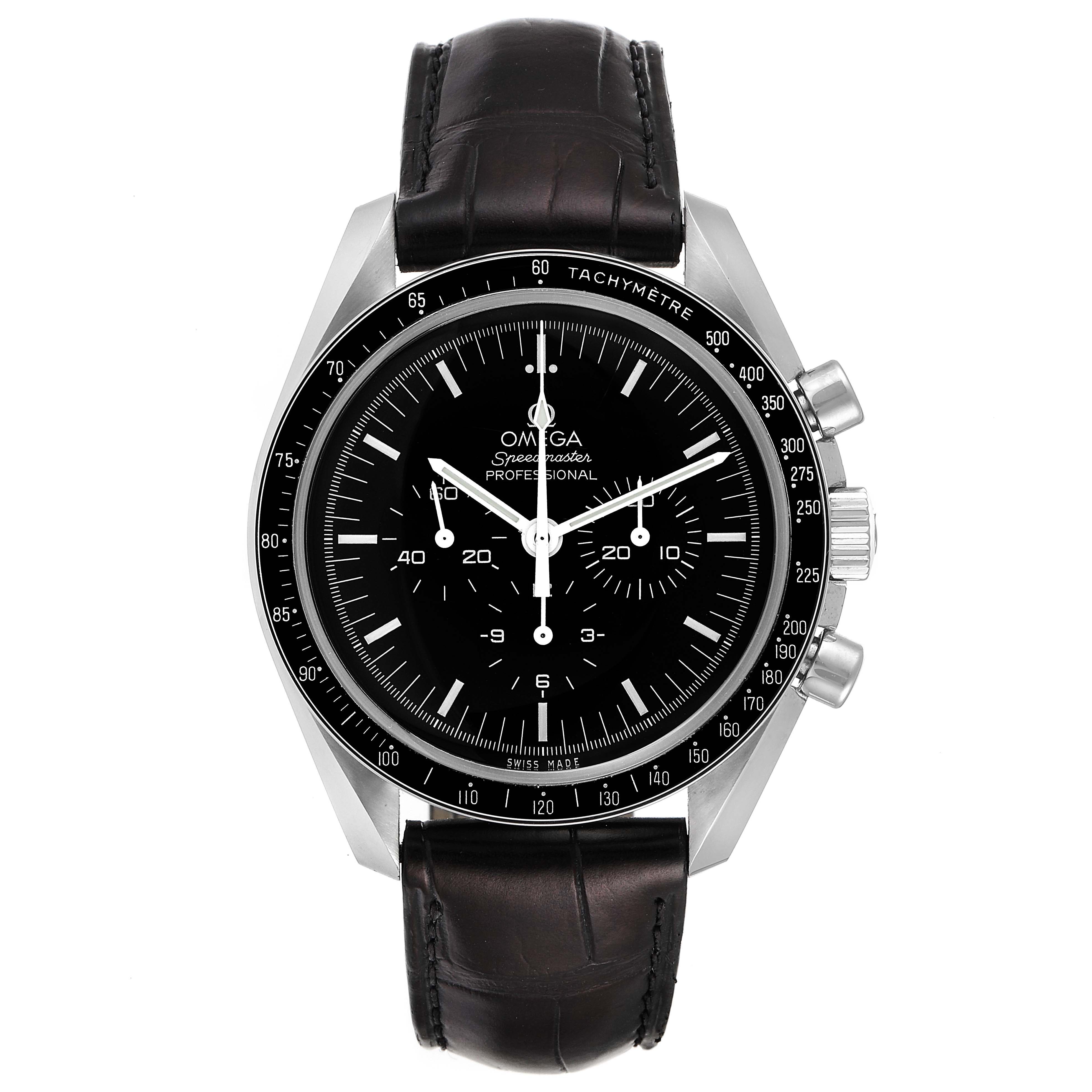 The Omega Speedmaster 311.33.42.30.01.001 Men's Stainless Steel Black Dial 311.33.42.30.01.001 Men's Stainless Steel Black Dial watch is shown from a frontal angle, featuring the black dial, tachymeter bezel, and black leather strap.
