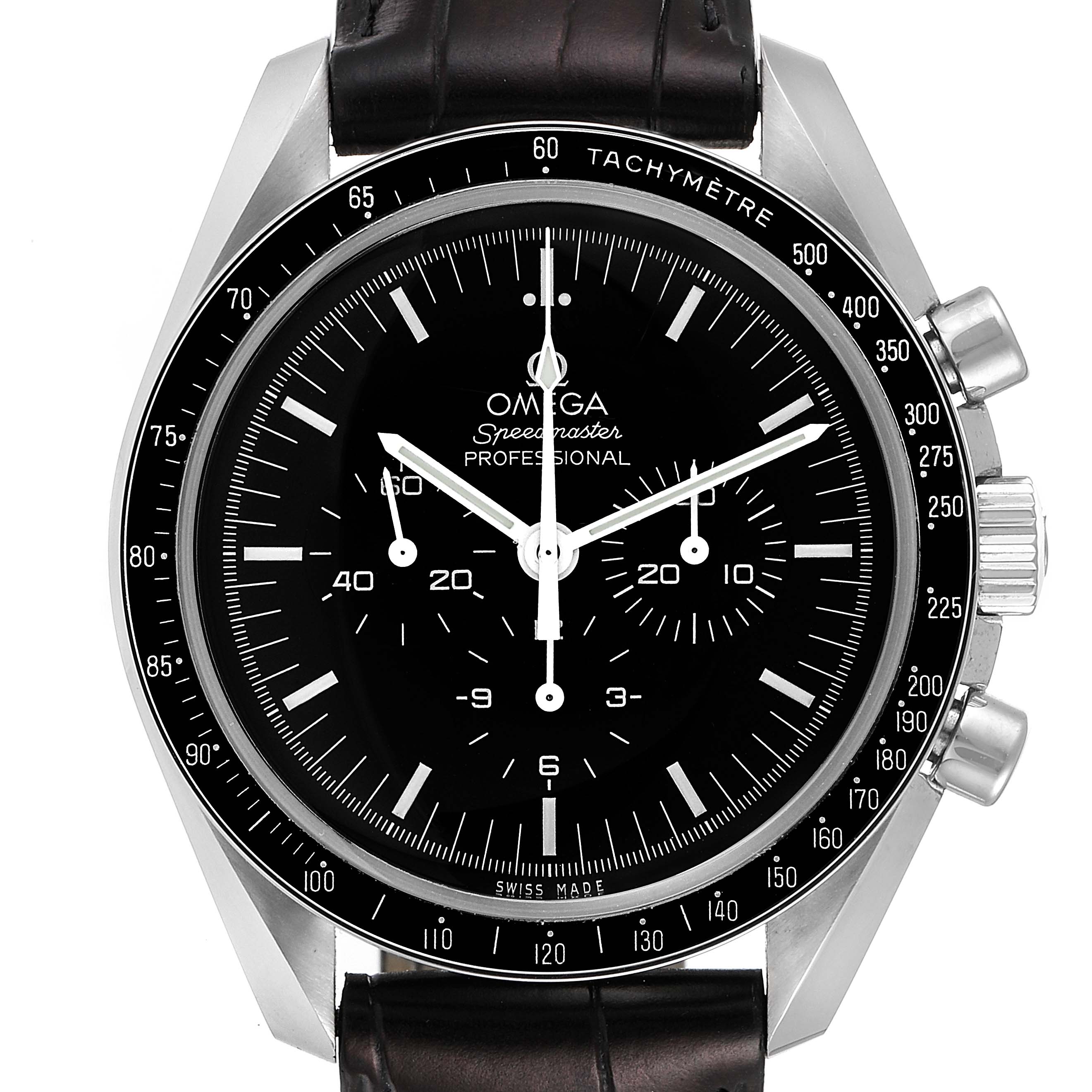 The image shows a front view of the Omega Speedmaster 311.33.42.30.01.001 Men's Stainless Steel Black Dial 311.33.42.30.01.001 Men's Stainless Steel Black Dial watch, highlighting the face, bezel, chronograph dials, and leather strap.