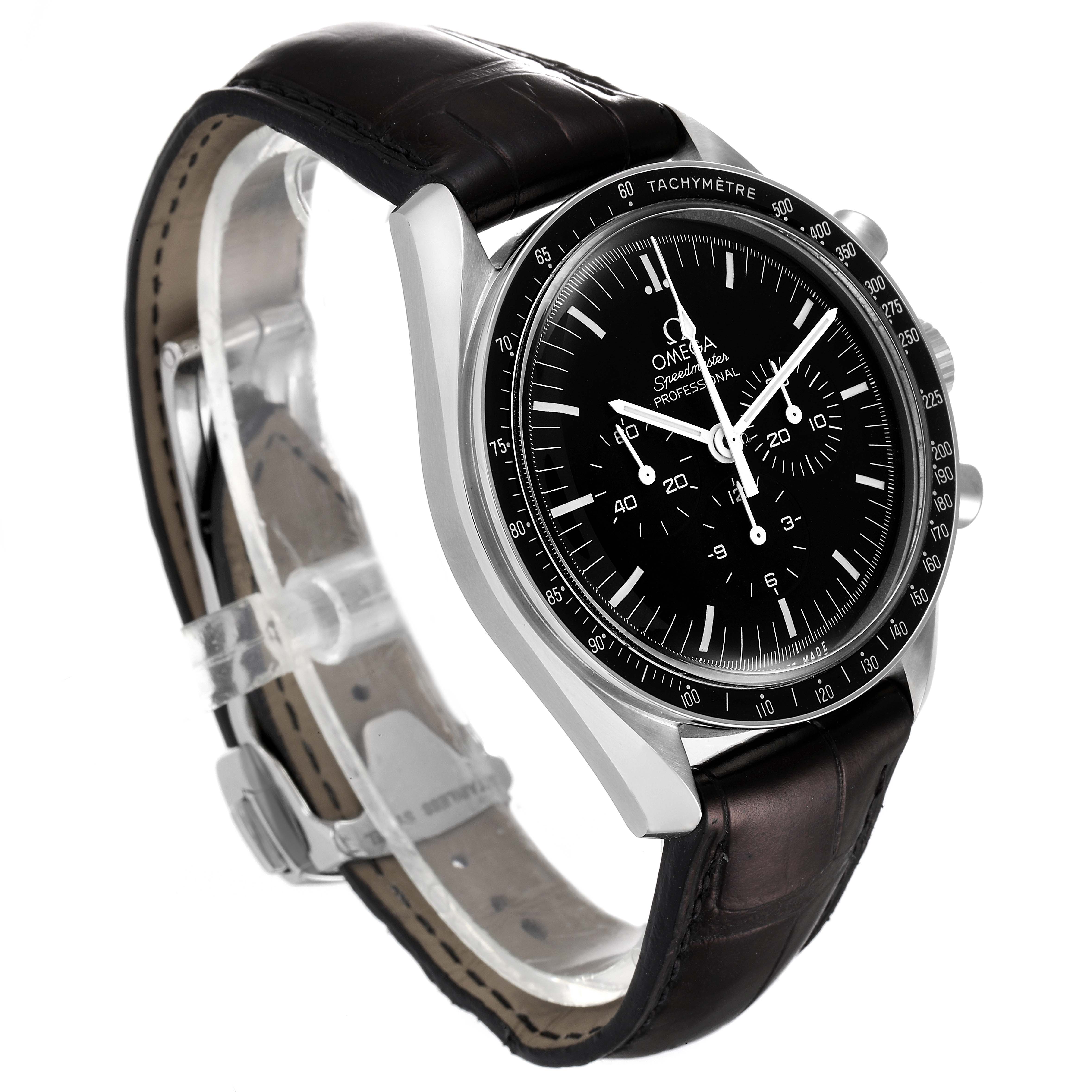 The image shows an Omega Speedmaster 311.33.42.30.01.001 Men's Stainless Steel Black Dial 311.33.42.30.01.001 Men's Stainless Steel Black Dial watch at a three-quarter angle, featuring its black dial, tachymeter bezel, and leather strap.
