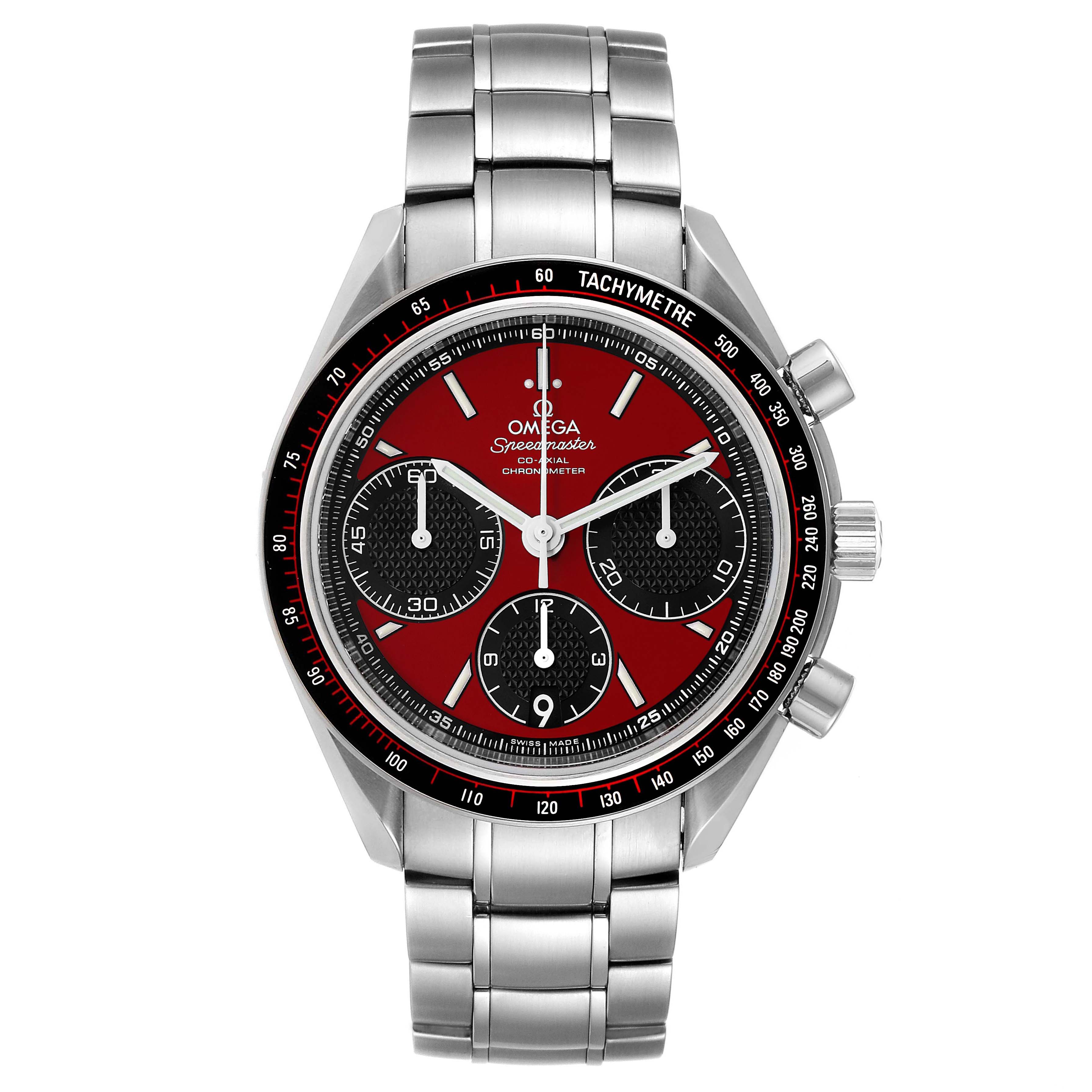 The image shows a front view of the Omega Speedmaster 326.30.40.50.11.001 Men's Stainless Steel Red Dial 326.30.40.50.11.001 Men's Stainless Steel Red Dial watch, highlighting its red and black dial, tachymetre bezel, and stainless steel bracelet.