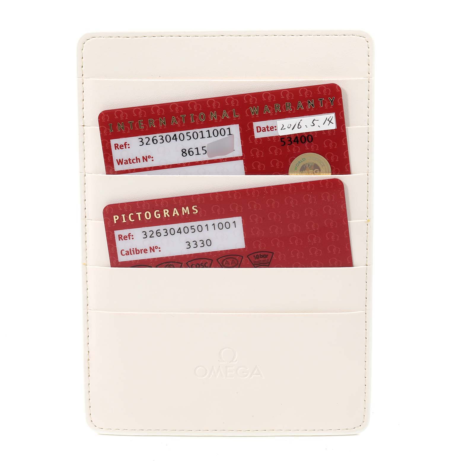 The image shows Omega Speedmaster 326.30.40.50.11.001 Men's Stainless Steel Red Dial 326.30.40.50.11.001 Men's Stainless Steel Red Dial warranty and pictogram cards in a white cardholder.