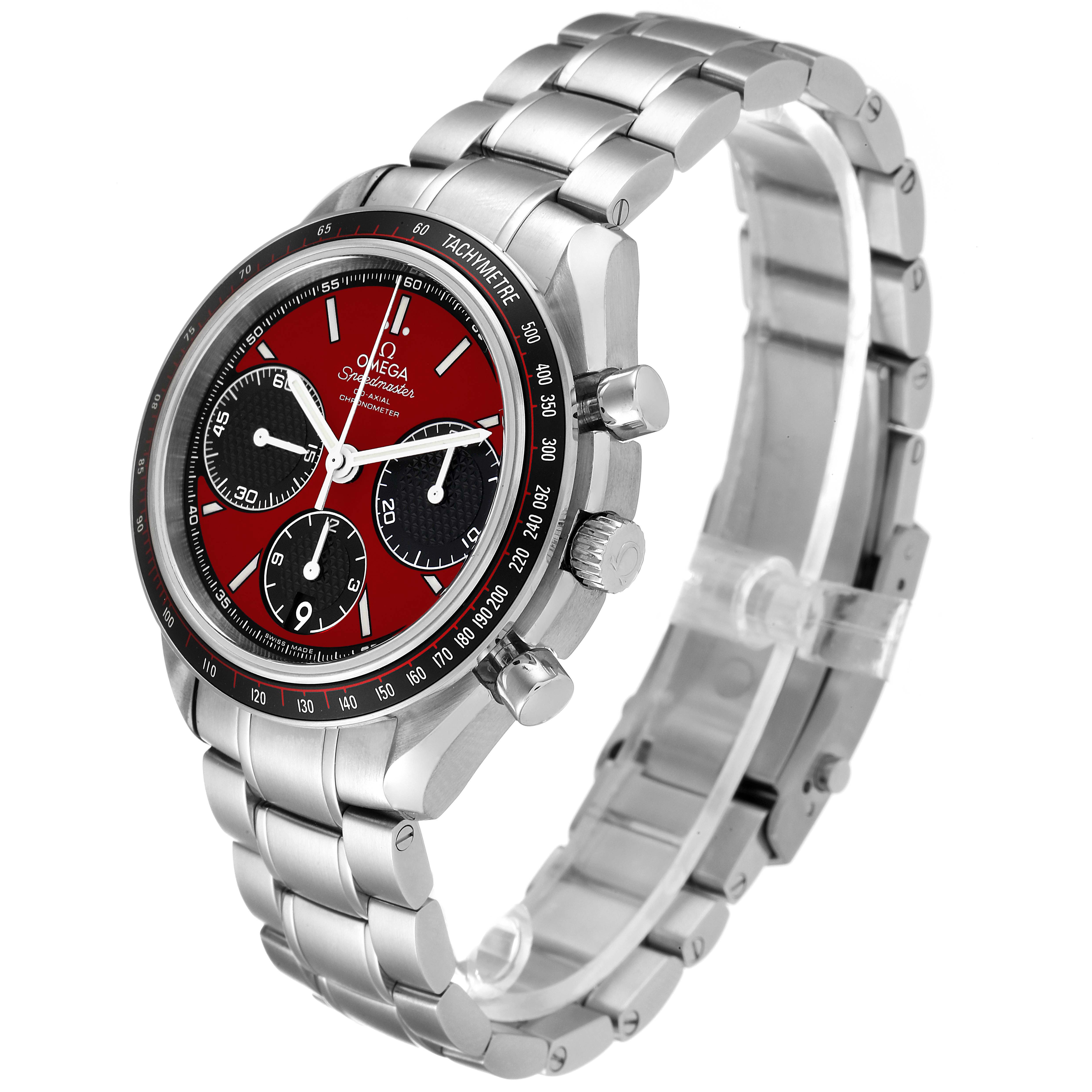 The Omega Speedmaster 326.30.40.50.11.001 Men's Stainless Steel Red Dial 326.30.40.50.11.001 Men's Stainless Steel Red Dial watch is shown at an angled side view, displaying the face, bezel, and part of the stainless steel bracelet.