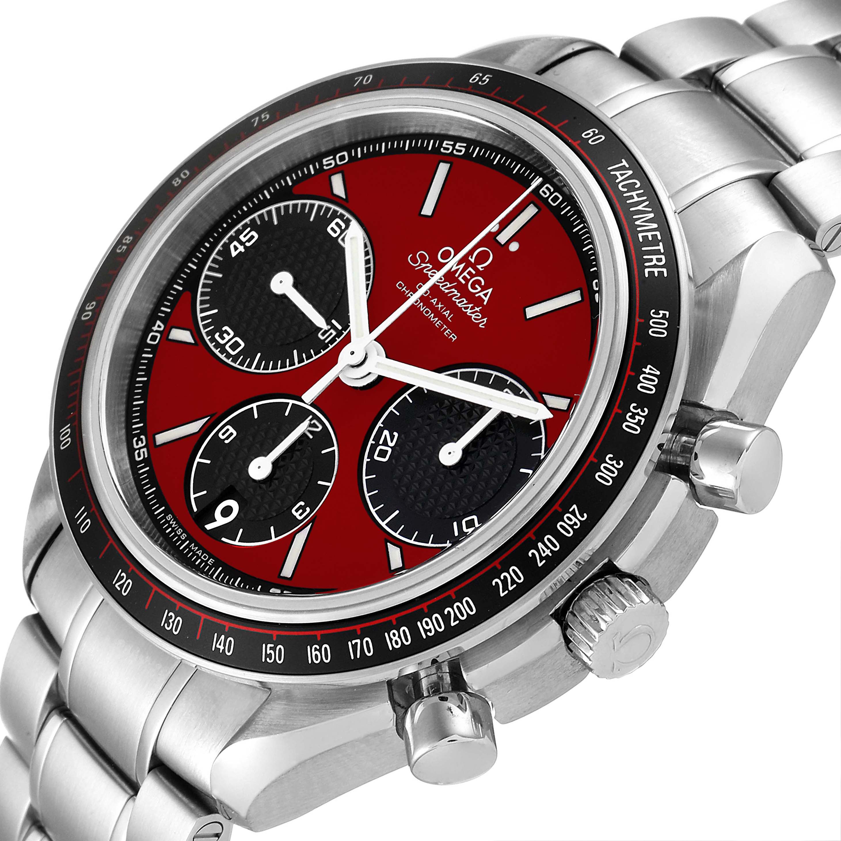 This image shows a close-up side angle of an Omega Speedmaster 326.30.40.50.11.001 Men's Stainless Steel Red Dial 326.30.40.50.11.001 Men's Stainless Steel Red Dial watch, highlighting its red dial, chronograph sub-dials, and tachymeter bezel.