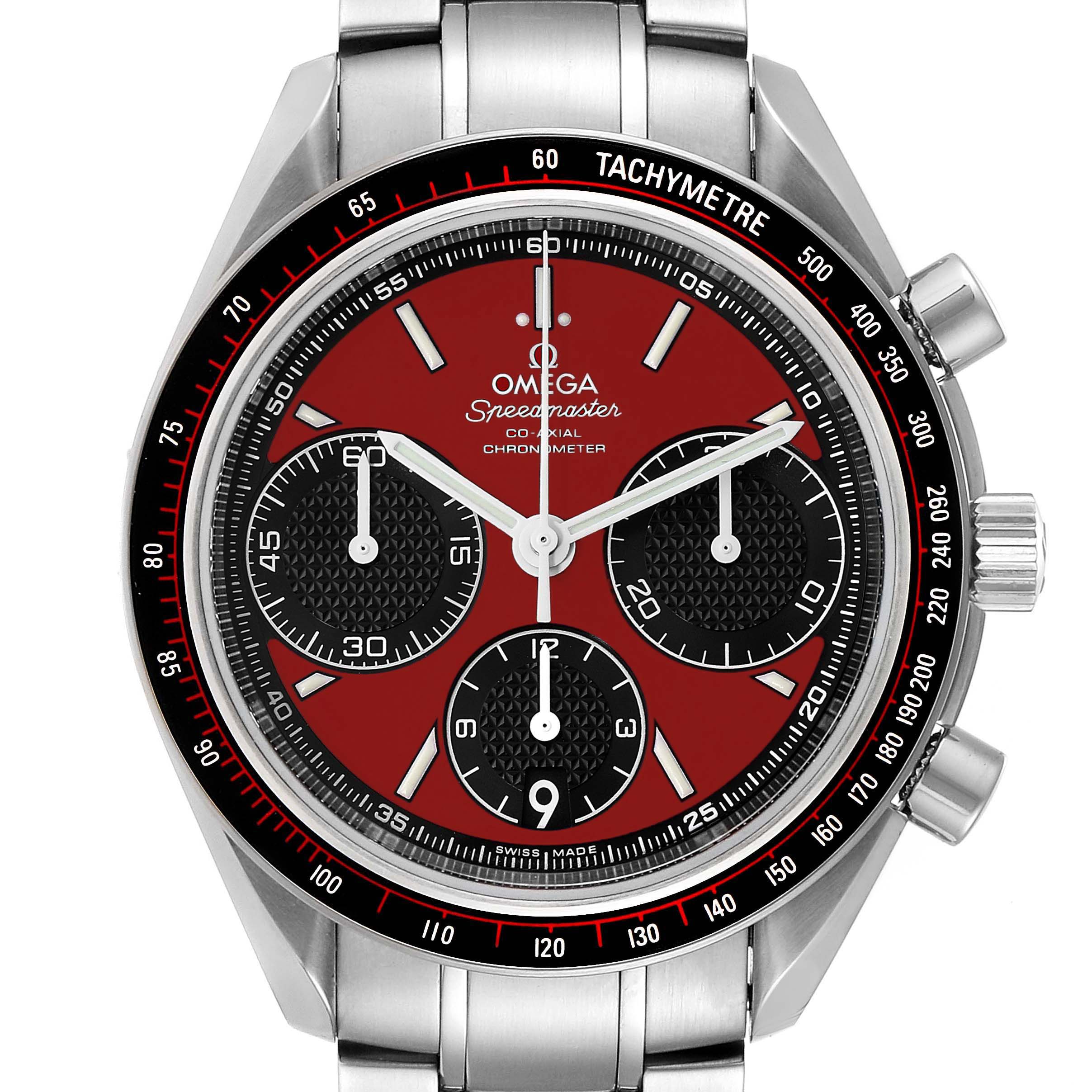 The Omega Speedmaster 326.30.40.50.11.001 Men's Stainless Steel Red Dial 326.30.40.50.11.001 Men's Stainless Steel Red Dial watch is shown from a front angle, highlighting its red dial, three sub-dials, and stainless steel bracelet.