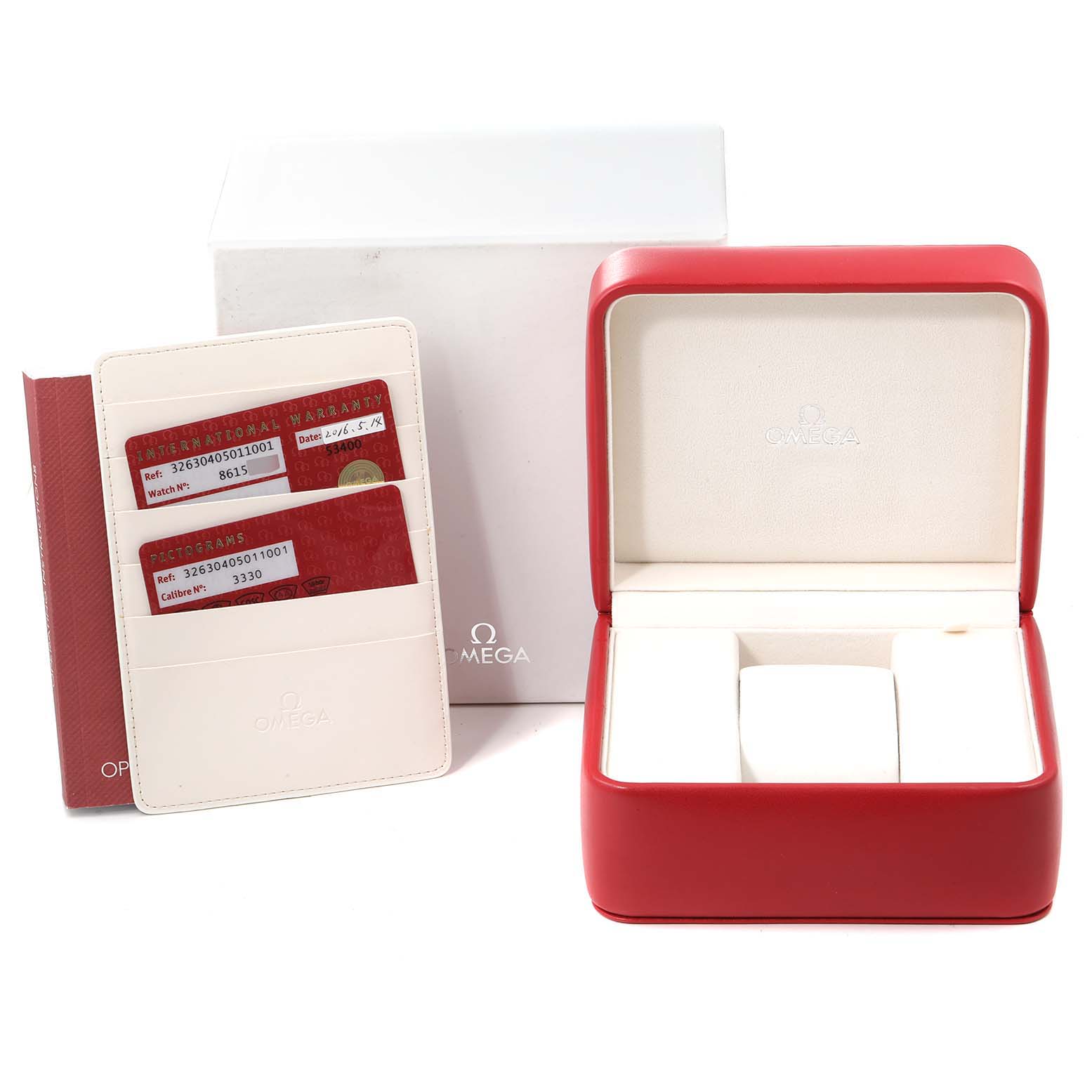 The image shows the open box, warranty cards, and outer packaging of the Omega Speedmaster 326.30.40.50.11.001 Men's Stainless Steel Red Dial 326.30.40.50.11.001 Men's Stainless Steel Red Dial watch.