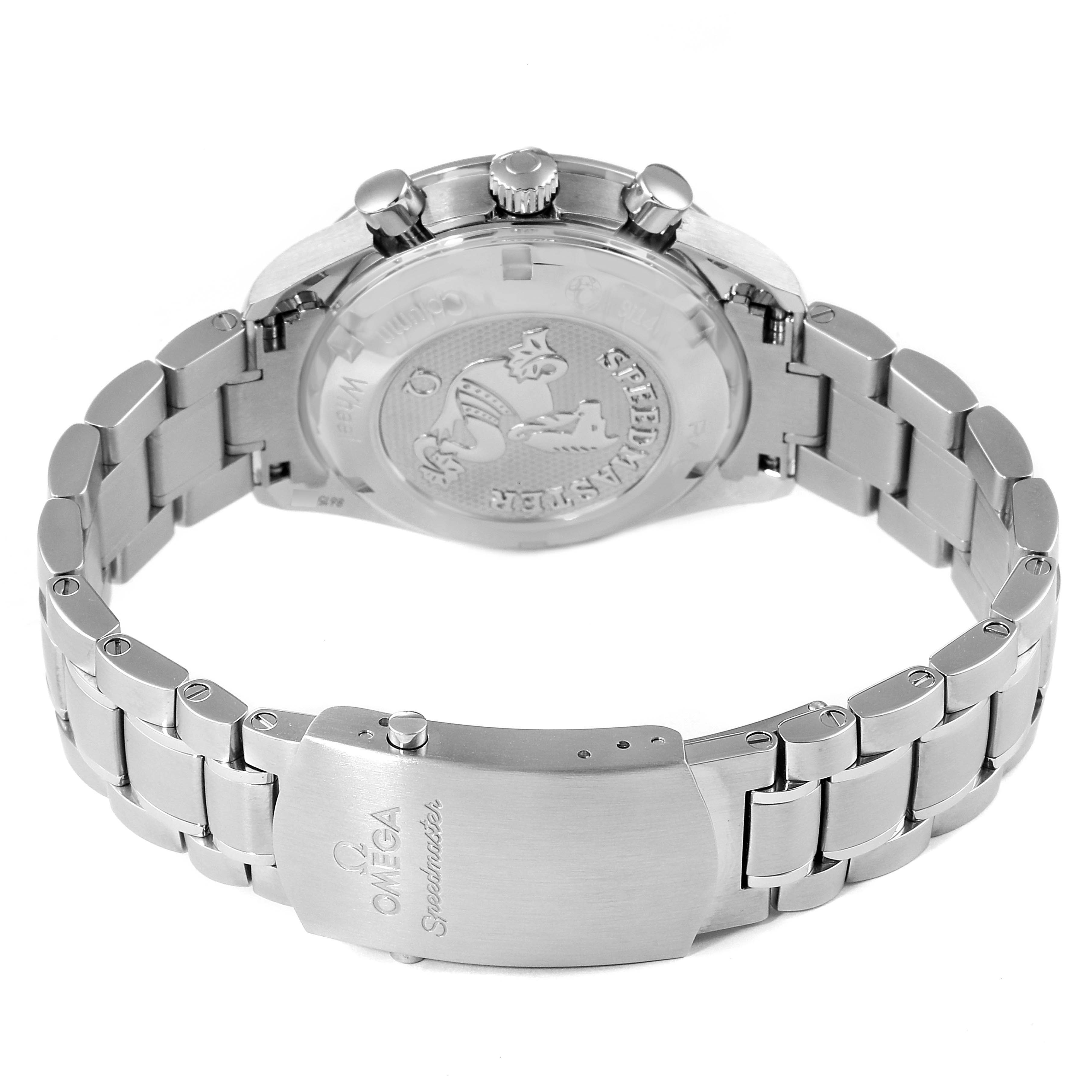 This image shows the back view of an Omega Speedmaster 326.30.40.50.11.001 Men's Stainless Steel Red Dial 326.30.40.50.11.001 Men's Stainless Steel Red Dial watch, highlighting the case back and metal bracelet with the clasp.