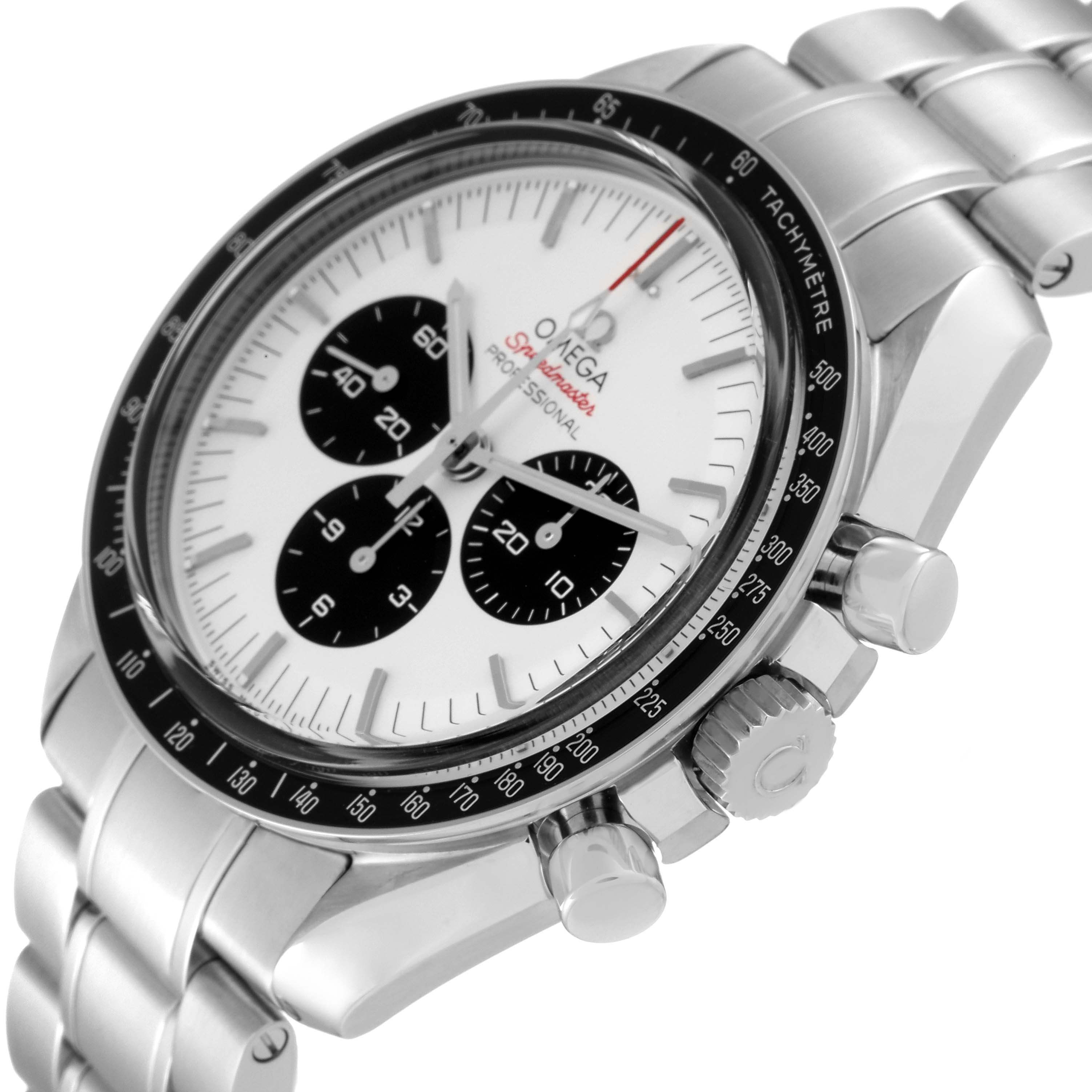 The image shows an angled side view of the Omega Speedmaster 522.30.42.30.04.001 Men's Stainless Steel White Dial 522.30.42.30.04.001 Men's Stainless Steel White Dial watch displaying its face, bezel, pushers, crown, and bracelet.