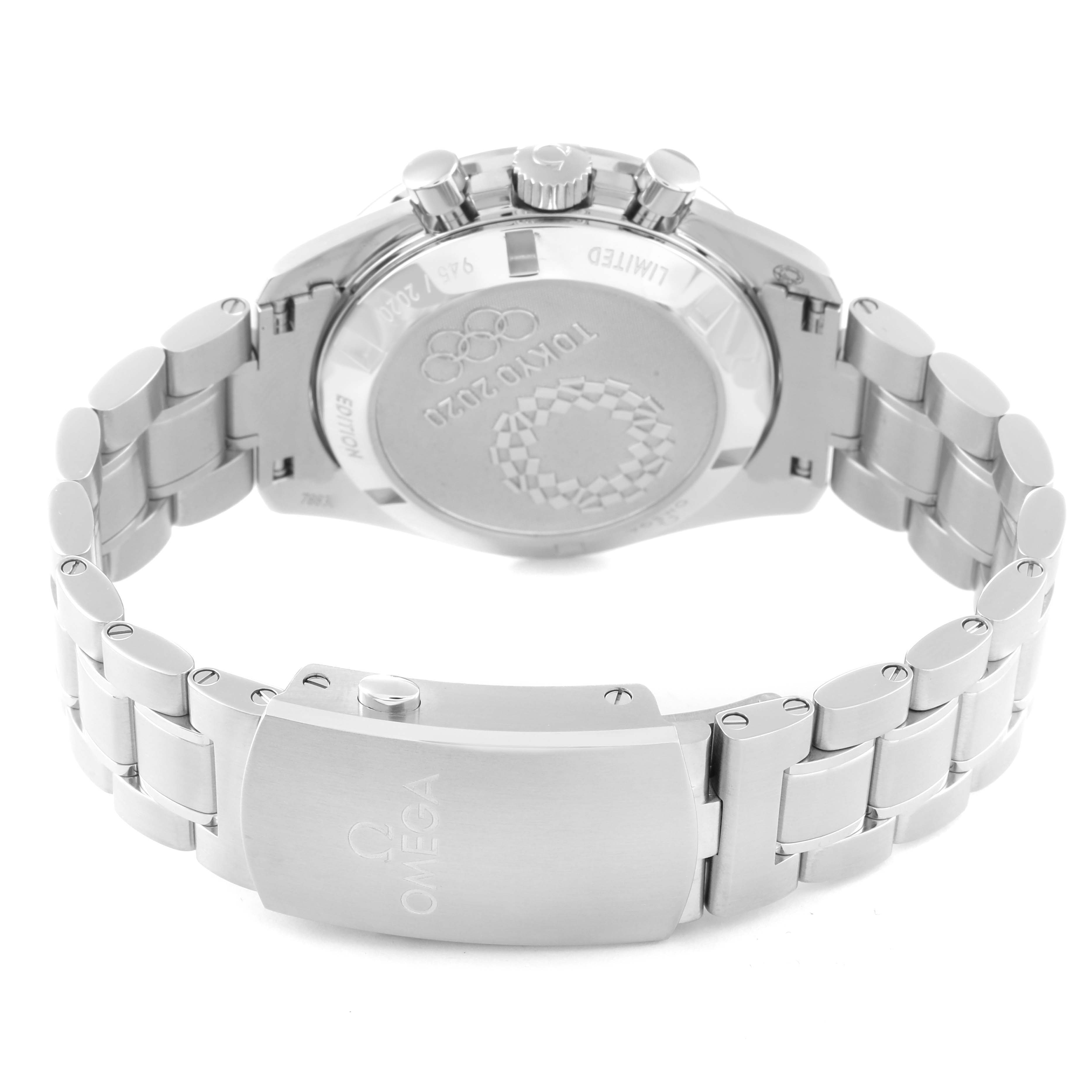 The image shows the back and bracelet clasp of the Omega Speedmaster 522.30.42.30.04.001 Men's Stainless Steel White Dial 522.30.42.30.04.001 Men's Stainless Steel White Dial watch, highlighting its metal band and engraved case back.