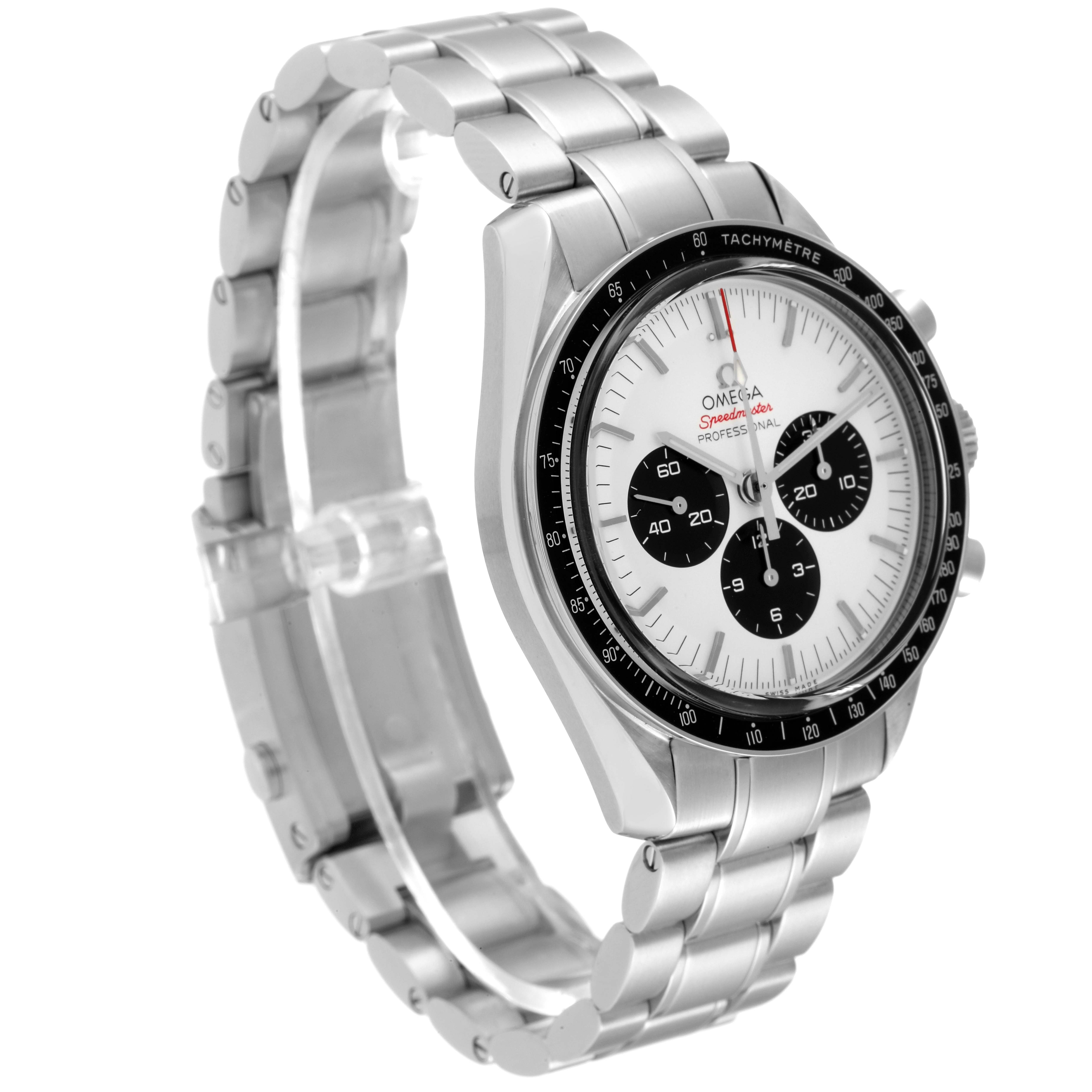 The Omega Speedmaster 522.30.42.30.04.001 Men's Stainless Steel White Dial 522.30.42.30.04.001 Men's Stainless Steel White Dial watch is shown at a three-quarter angle, displaying its face, bezel, and bracelet.