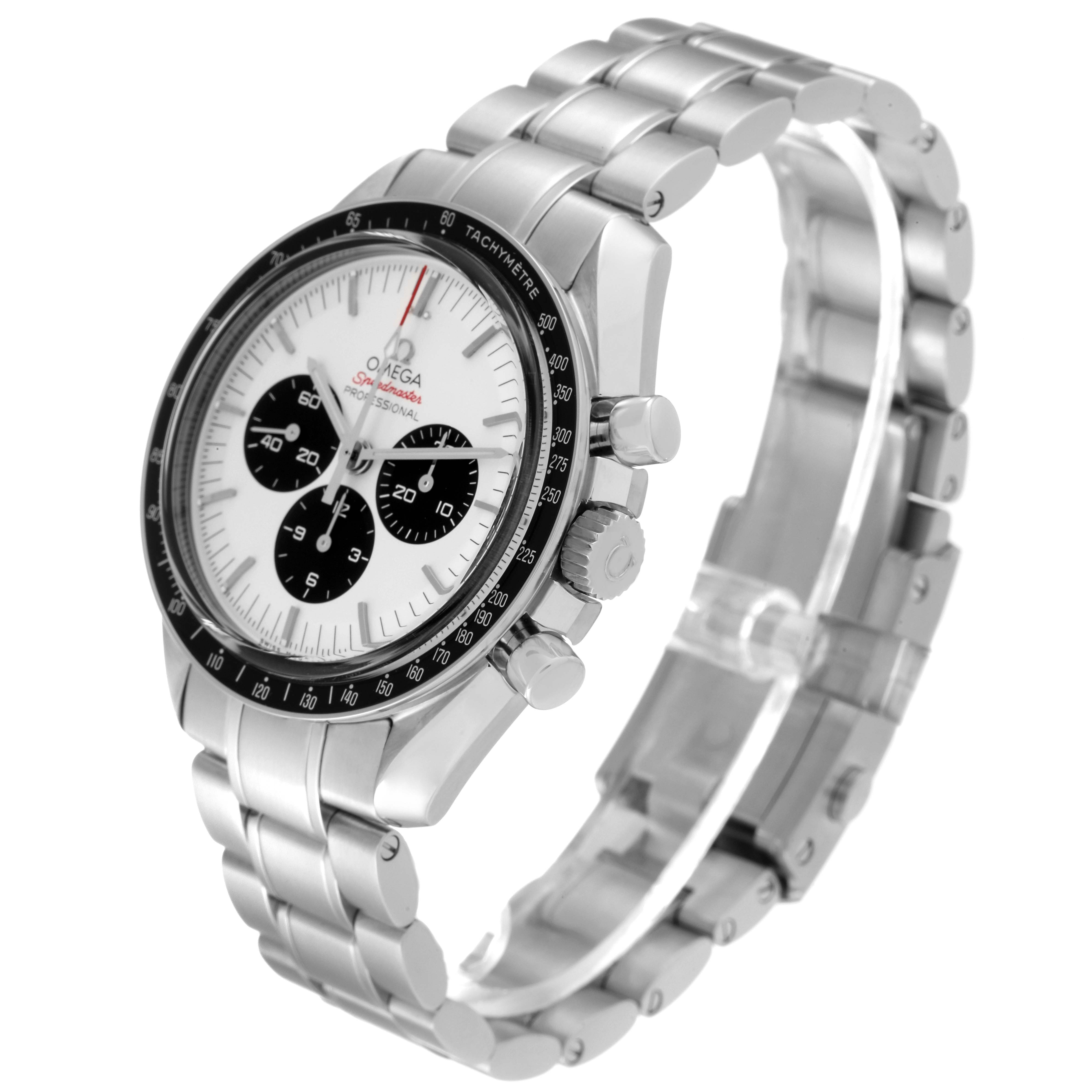 The image displays an Omega Speedmaster 522.30.42.30.04.001 Men's Stainless Steel White Dial 522.30.42.30.04.001 Men's Stainless Steel White Dial watch at a slight angle, showing its face, tachymeter bezel, crown, pushers, and metal bracelet.