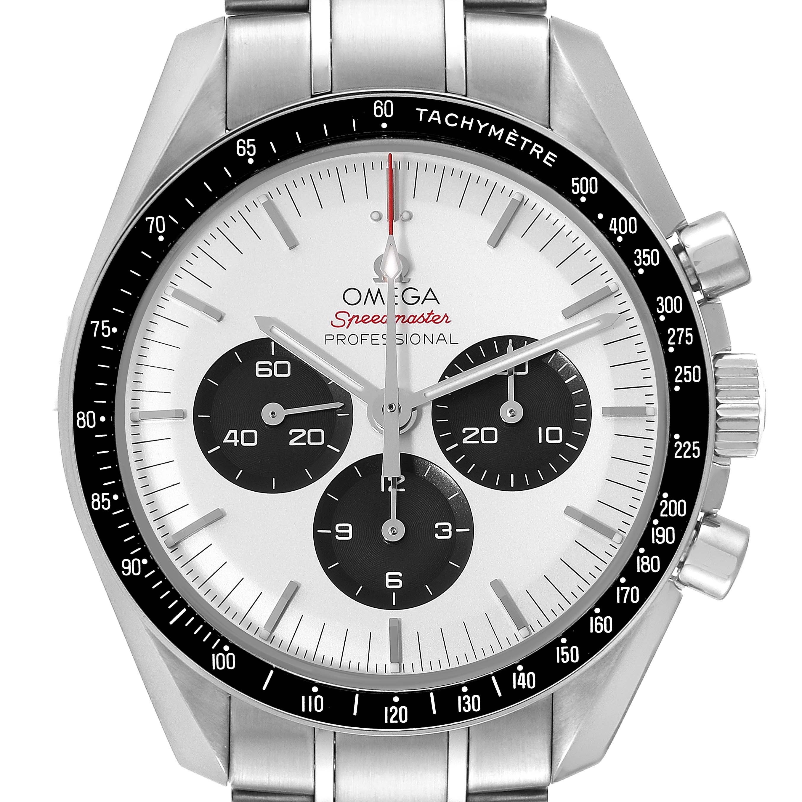 The image shows a frontal view of the Omega Speedmaster 522.30.42.30.04.001 Men's Stainless Steel White Dial 522.30.42.30.04.001 Men's Stainless Steel White Dial watch, highlighting the dial, sub-dials, and tachymeter bezel.